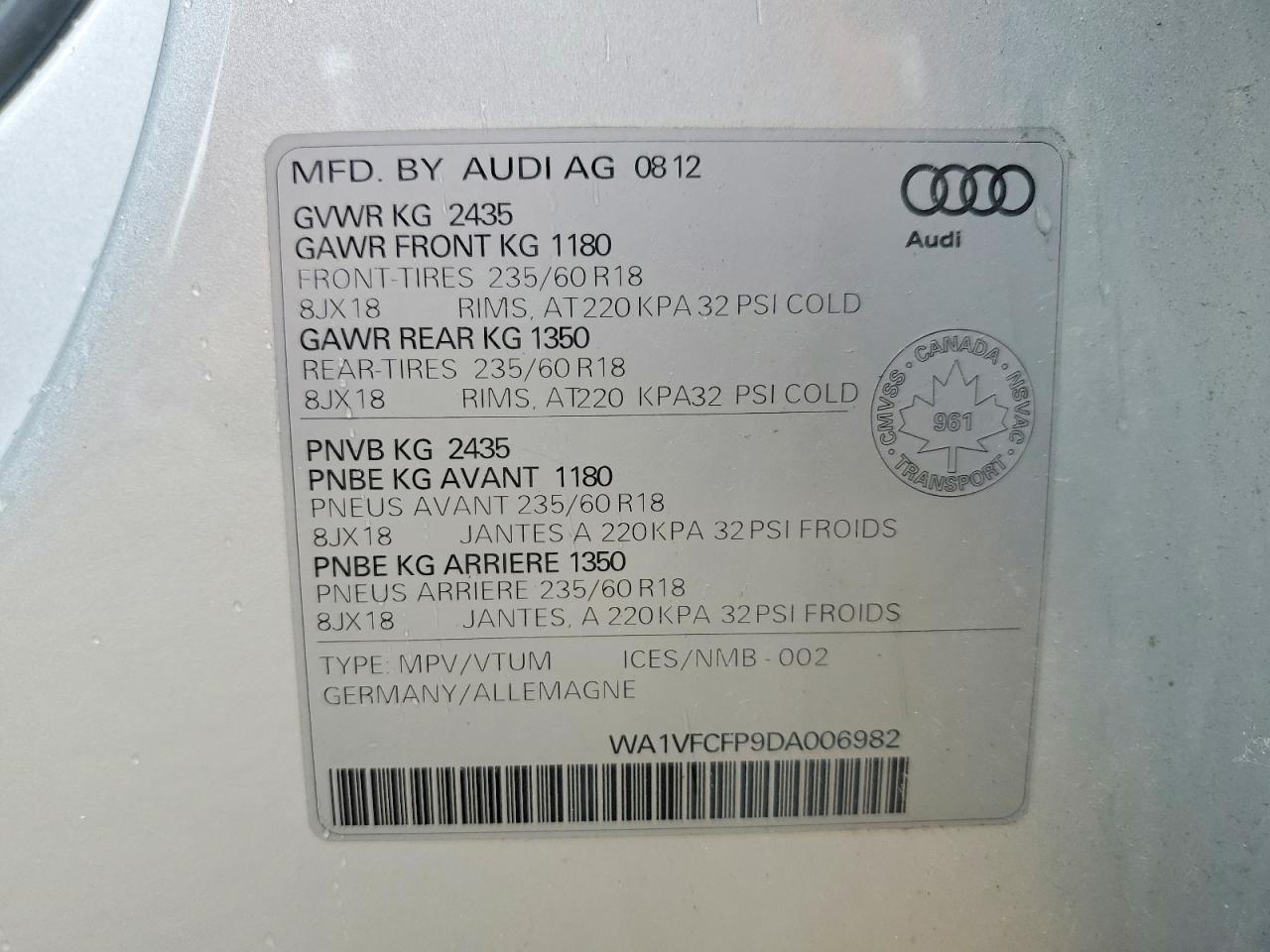 2013 Audi Q5 Premium Plus Серебряный vin: WA1VFCFP9DA006982