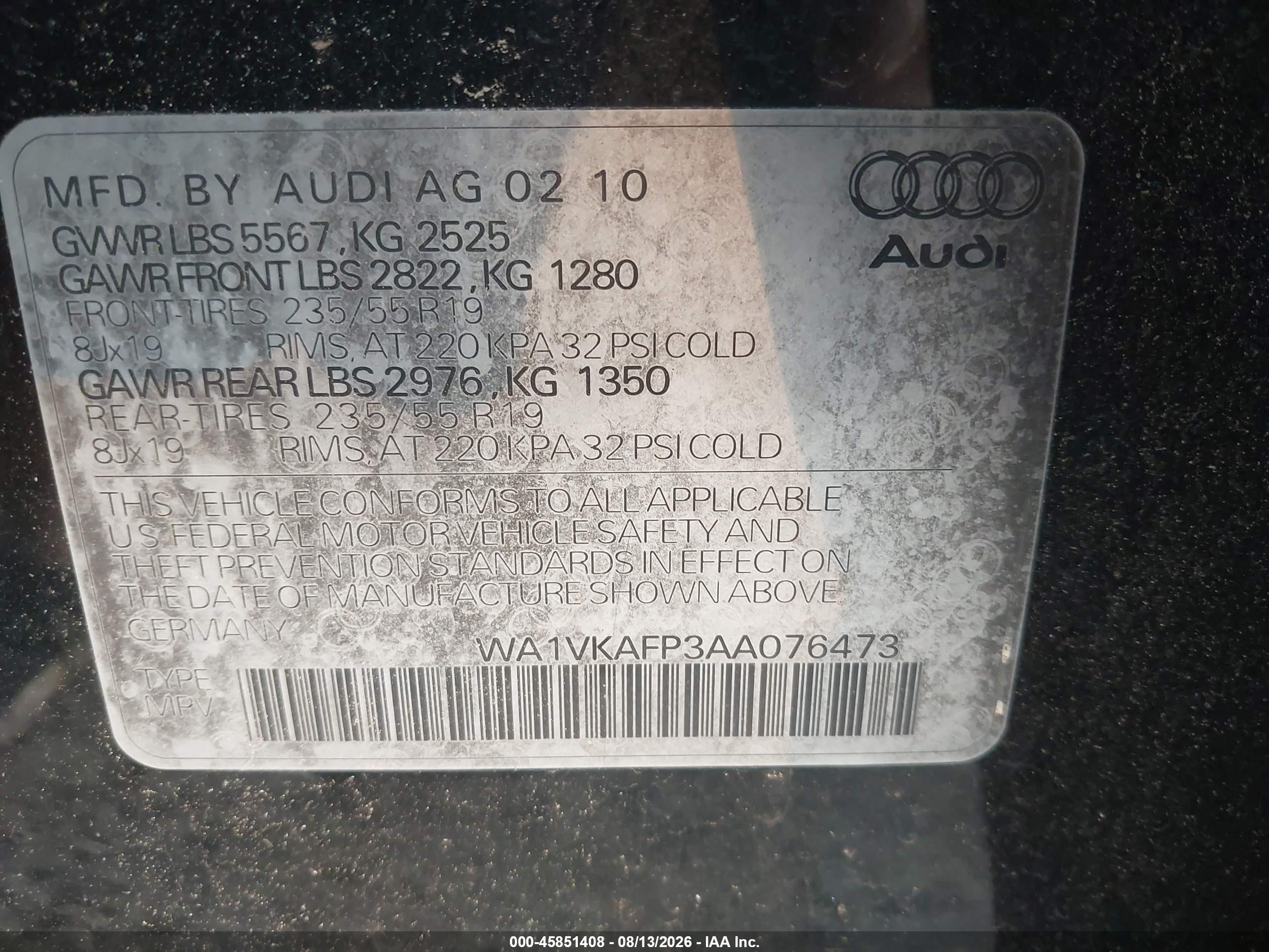 2010 Audi Q5 3.2 Premium Black vin: WA1VKAFP3AA076473
