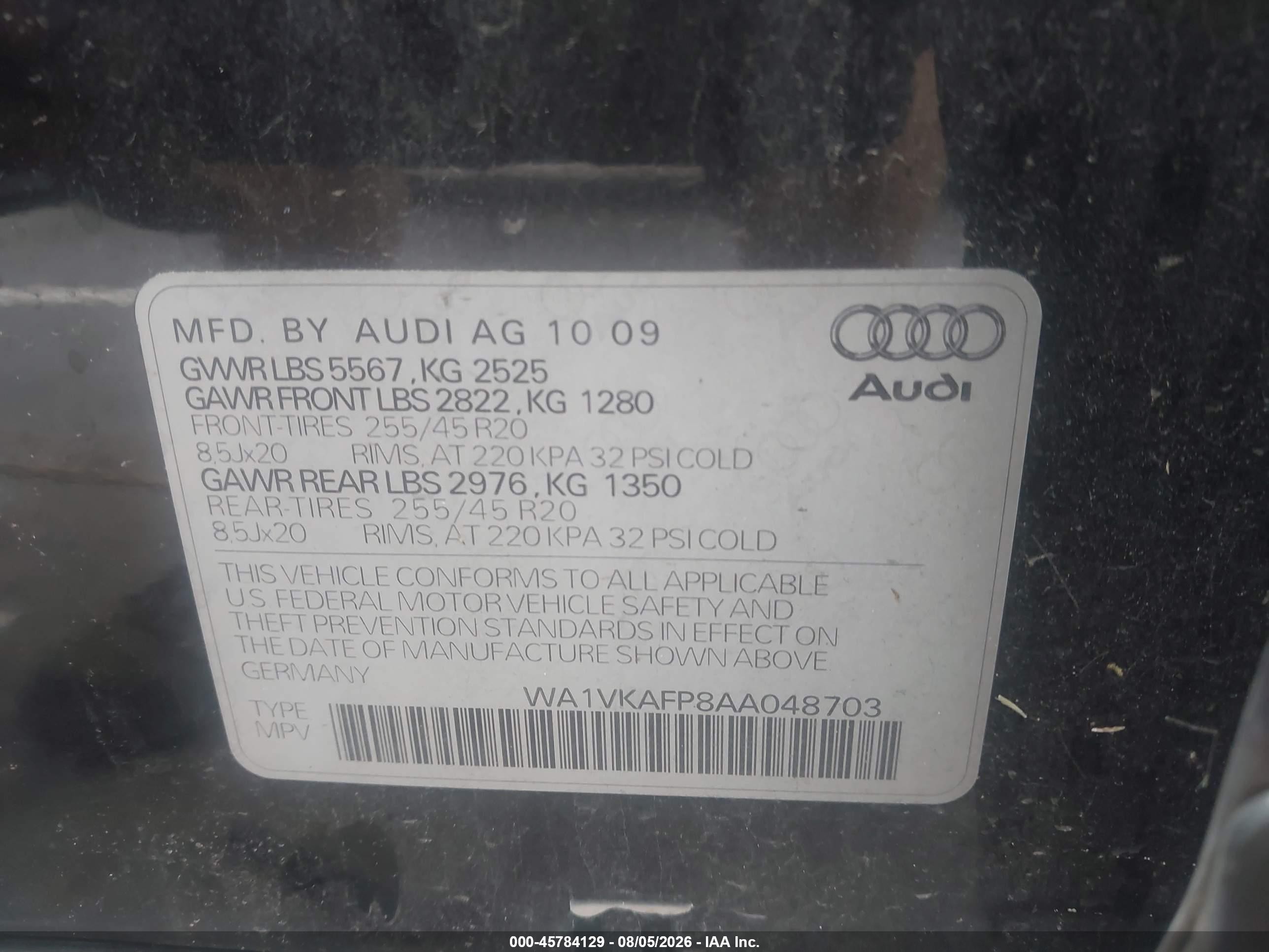 2010 Audi Q5 3.2 Premium Black vin: WA1VKAFP8AA048703