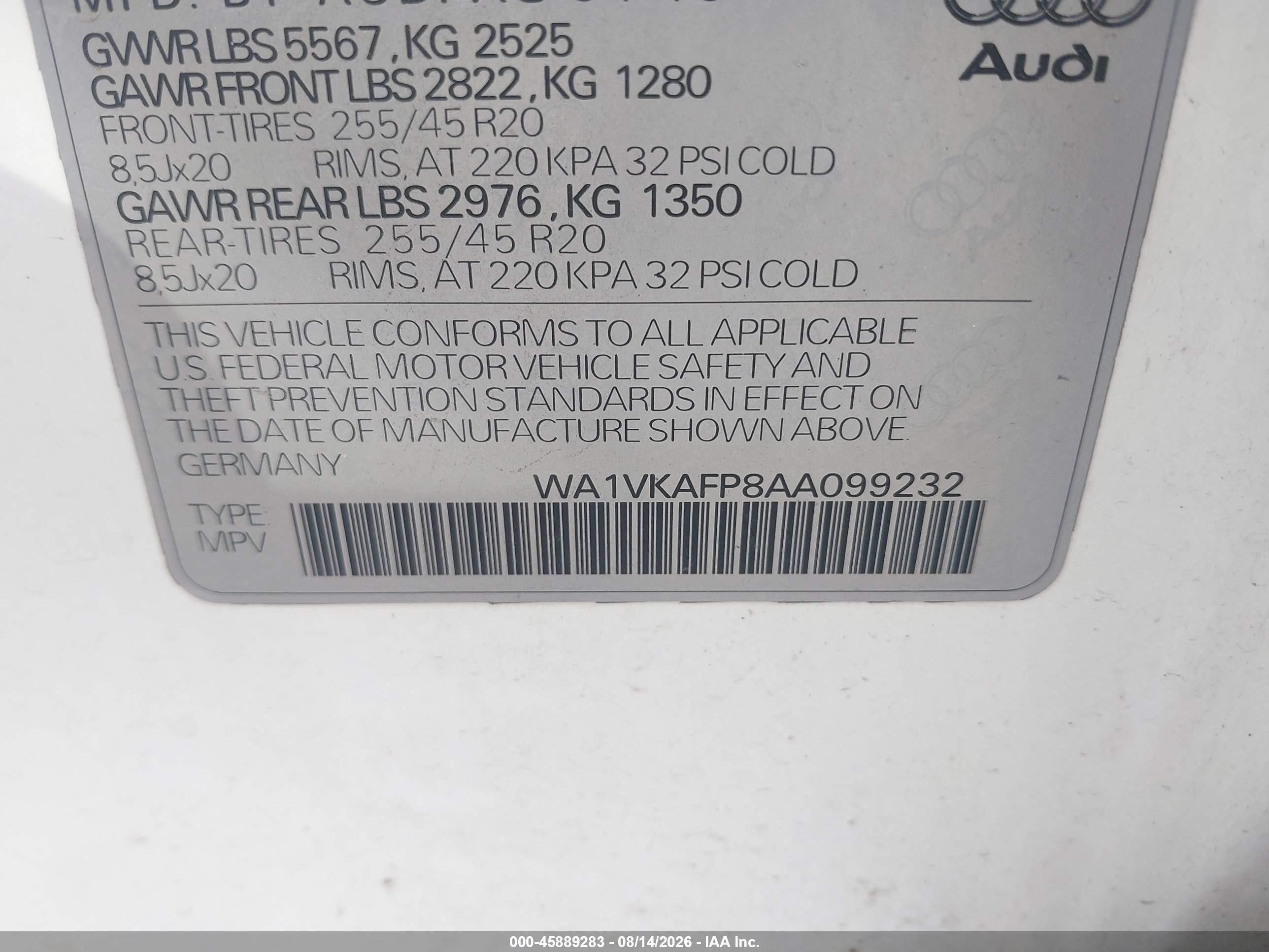 2010 Audi Q5 3.2 Premium Белый vin: WA1VKAFP8AA099232