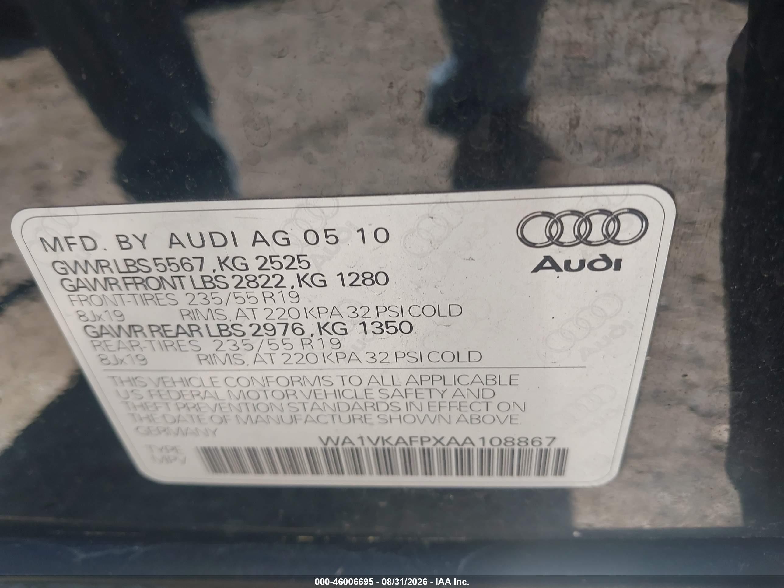 2010 Audi Q5 3.2 Premium Black vin: WA1VKAFPXAA108867