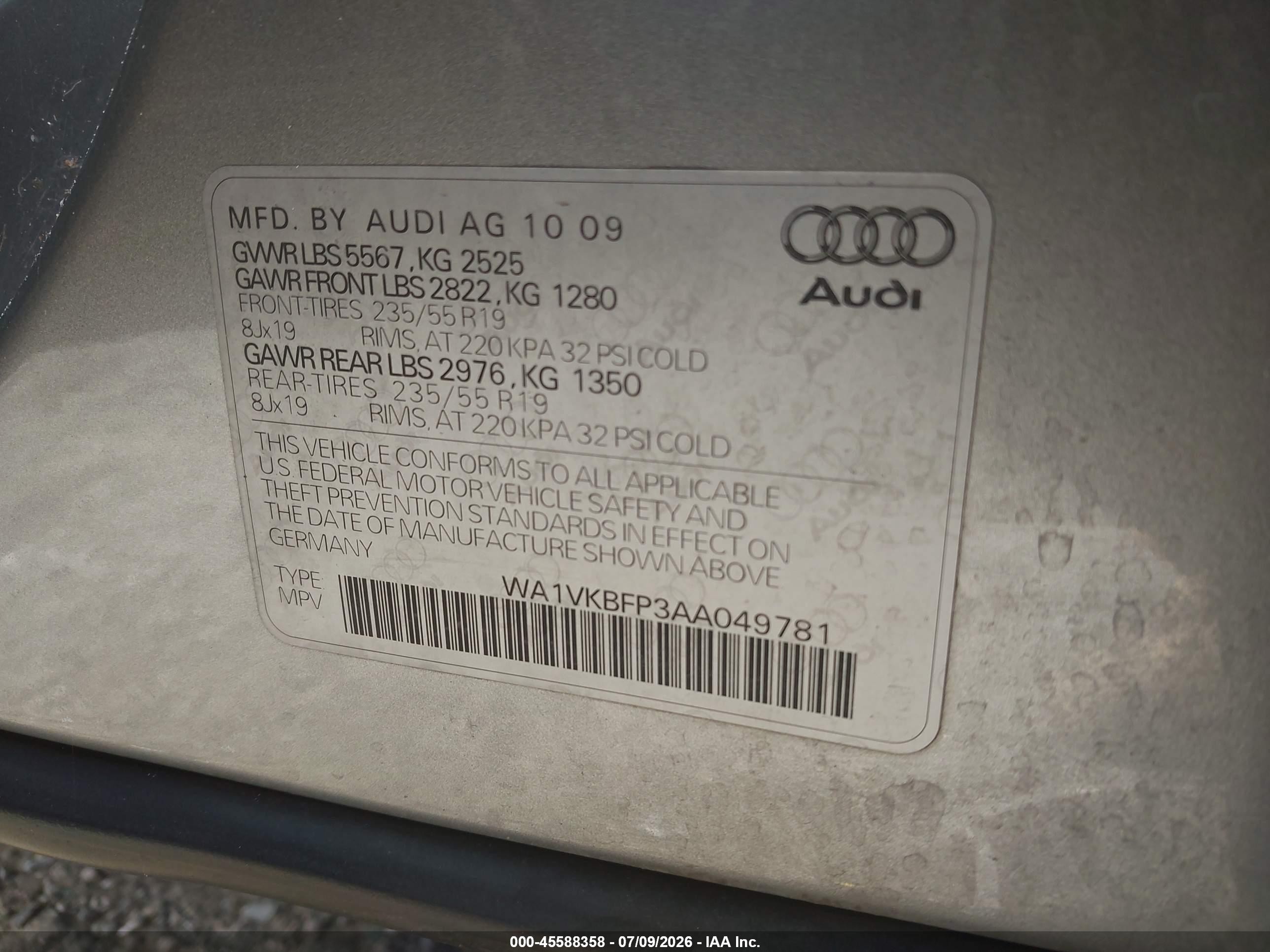 2010 Audi Q5 3.2 Premium Gray vin: WA1VKBFP3AA049781