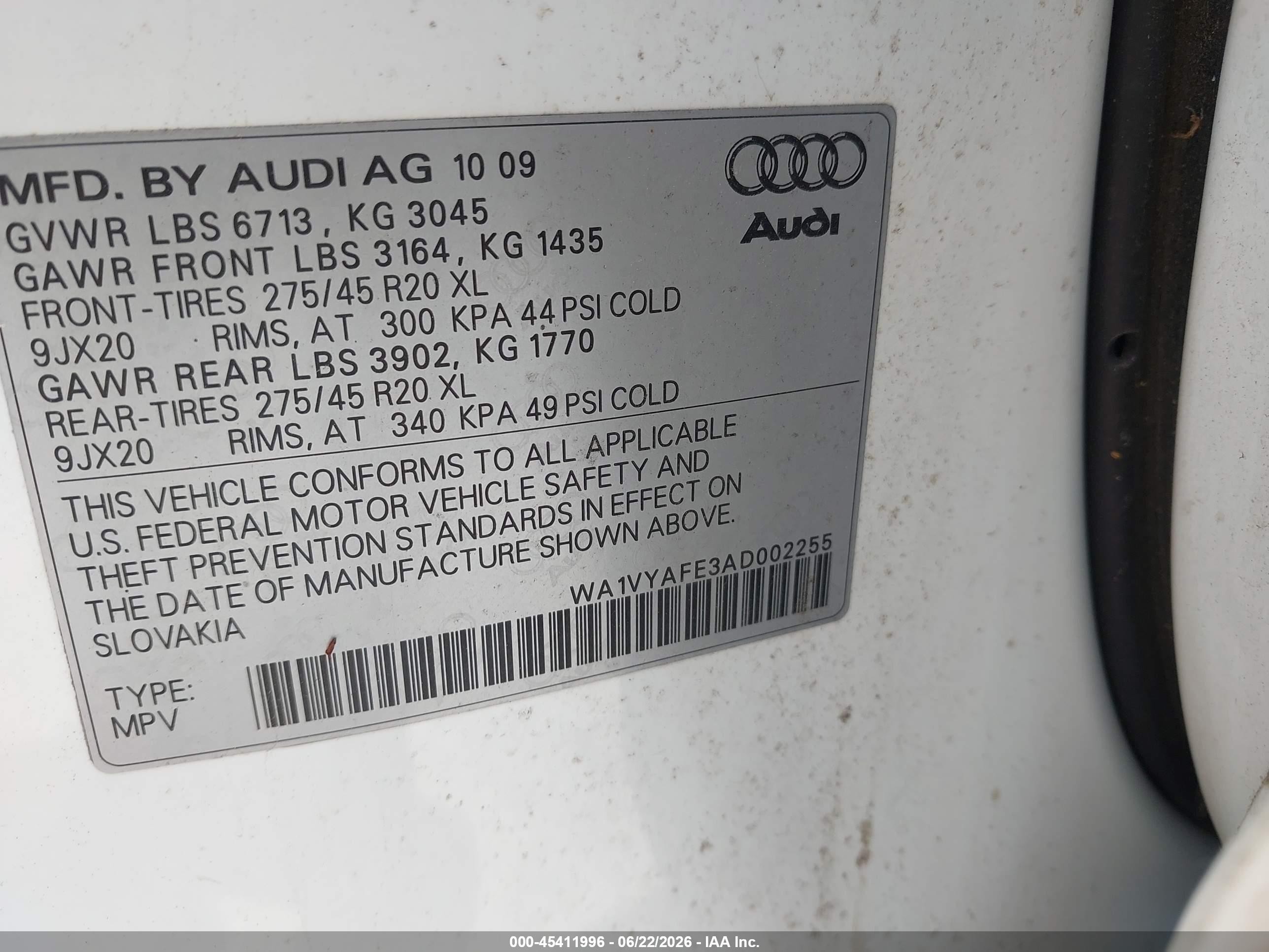2010 Audi Q7 3.6 Premium White vin: WA1VYAFE3AD002255