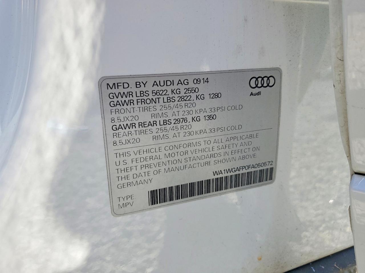 2015 Audi Q5 Prestige White vin: WA1WGAFP0FA050572