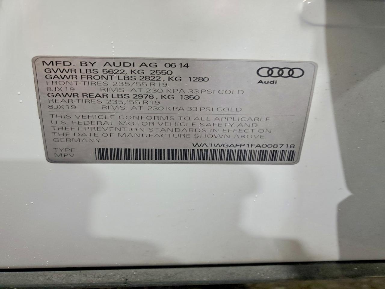 2015 Audi Q5 Prestige White vin: WA1WGAFP1FA008718