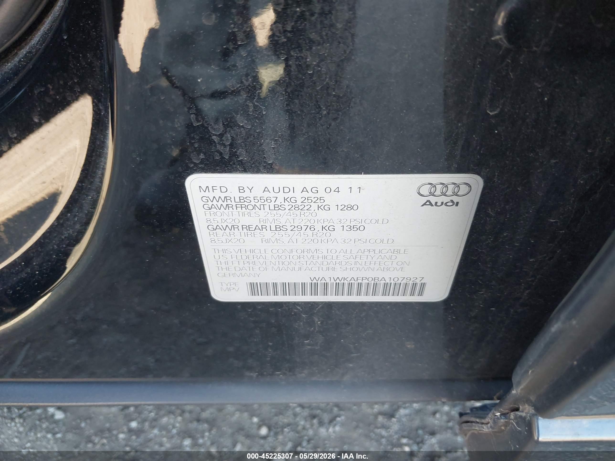 2011 Audi Q5 3.2 Premium Plus Black vin: WA1WKAFP0BA107927