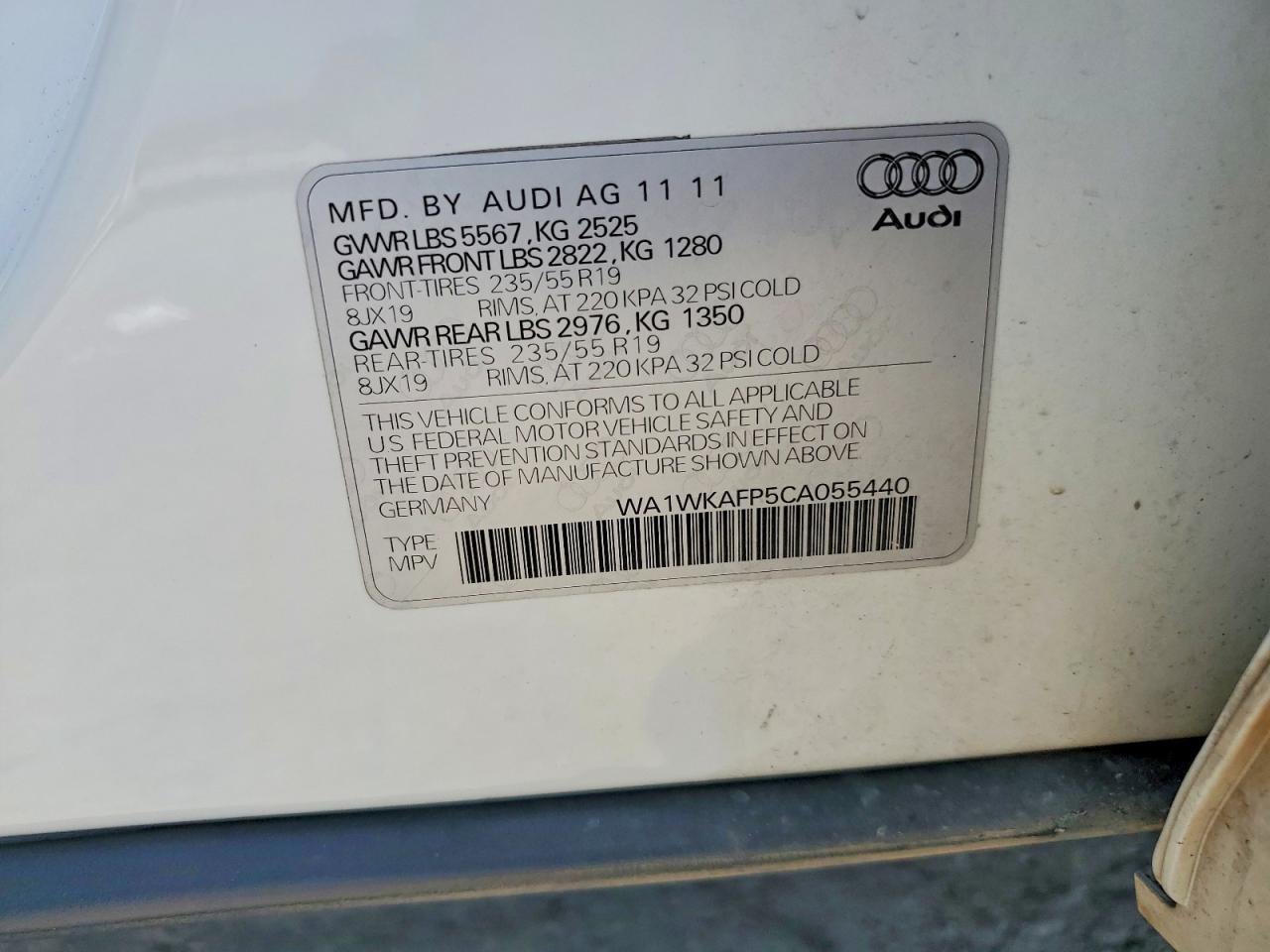 2012 Audi Q5 Prestige White vin: WA1WKAFP5CA055440