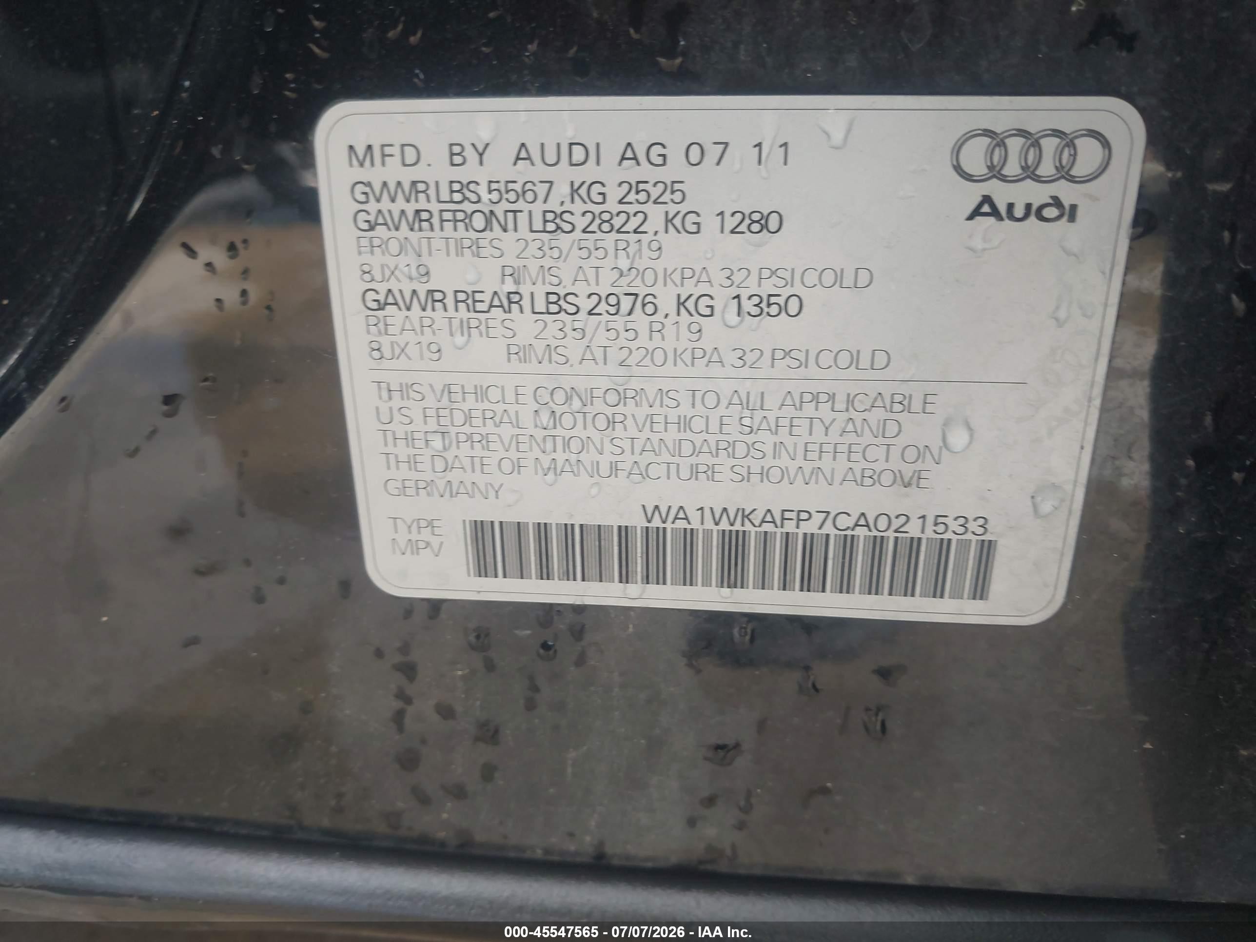 2012 Audi Q5 3.2 Premium Black vin: WA1WKAFP7CA021533