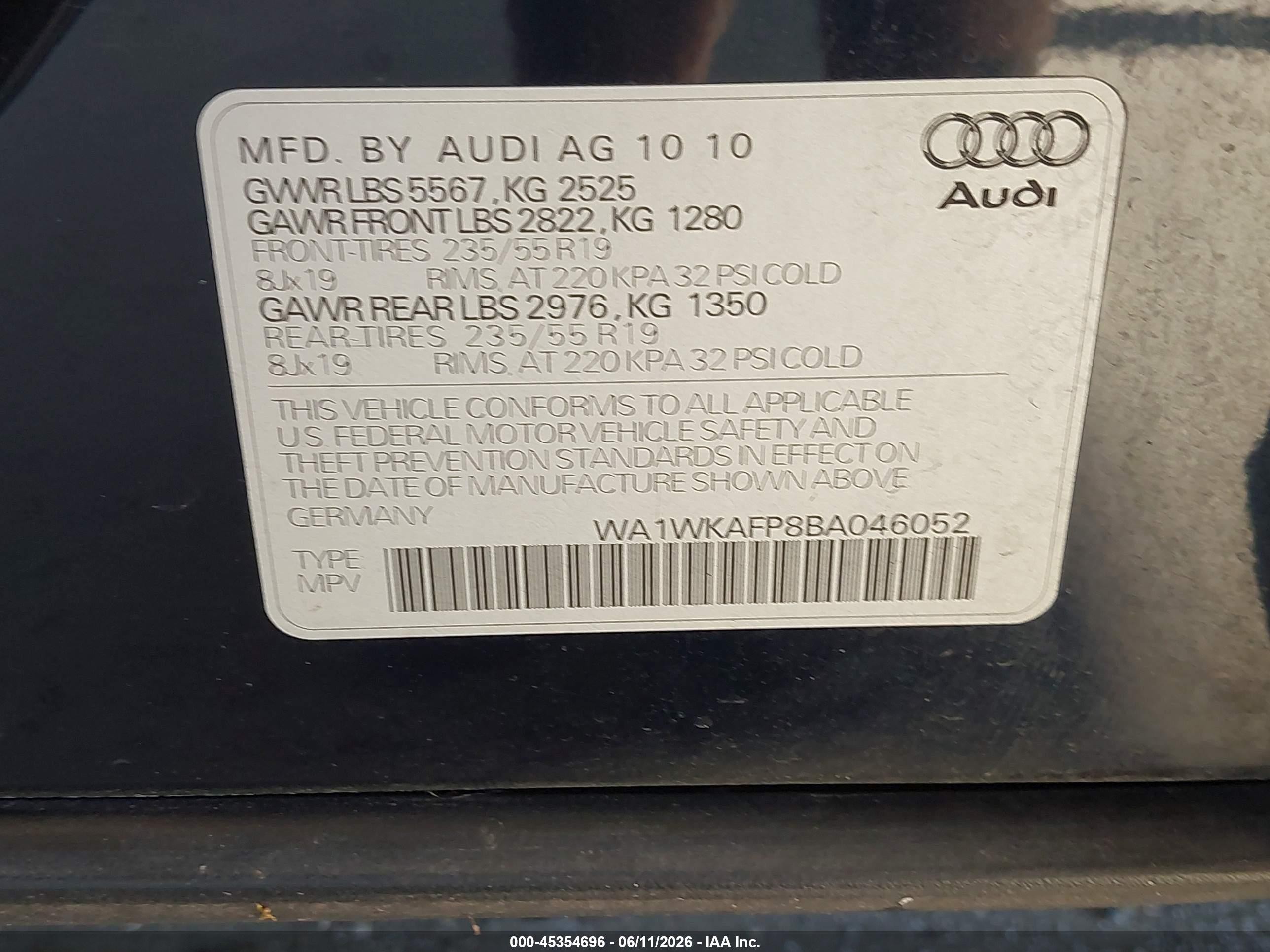 2011 Audi Q5 3.2 Premium Plus Blue vin: WA1WKAFP8BA046052