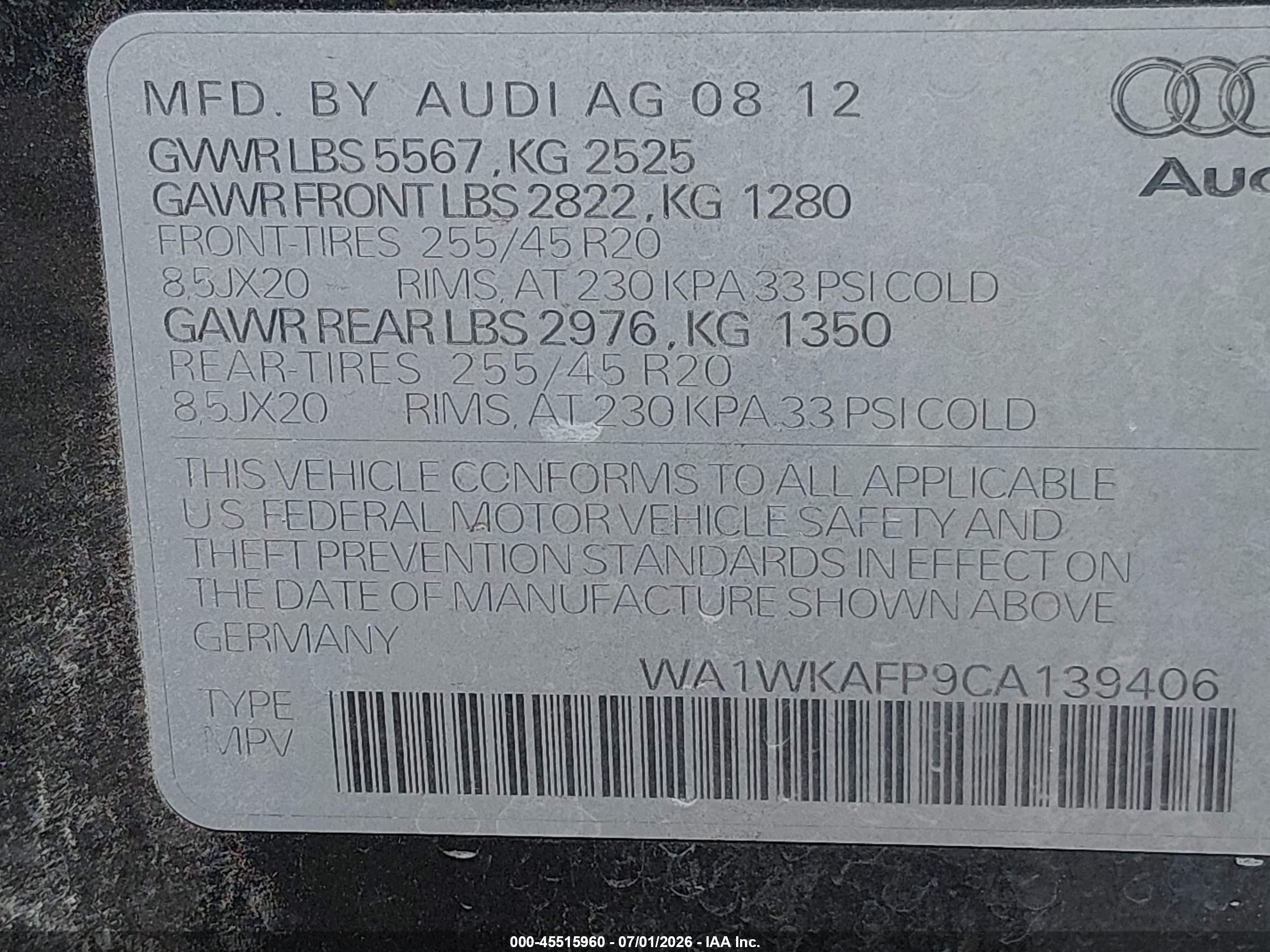 2012 Audi Q5 3.2 Premium Gray vin: WA1WKAFP9CA139406
