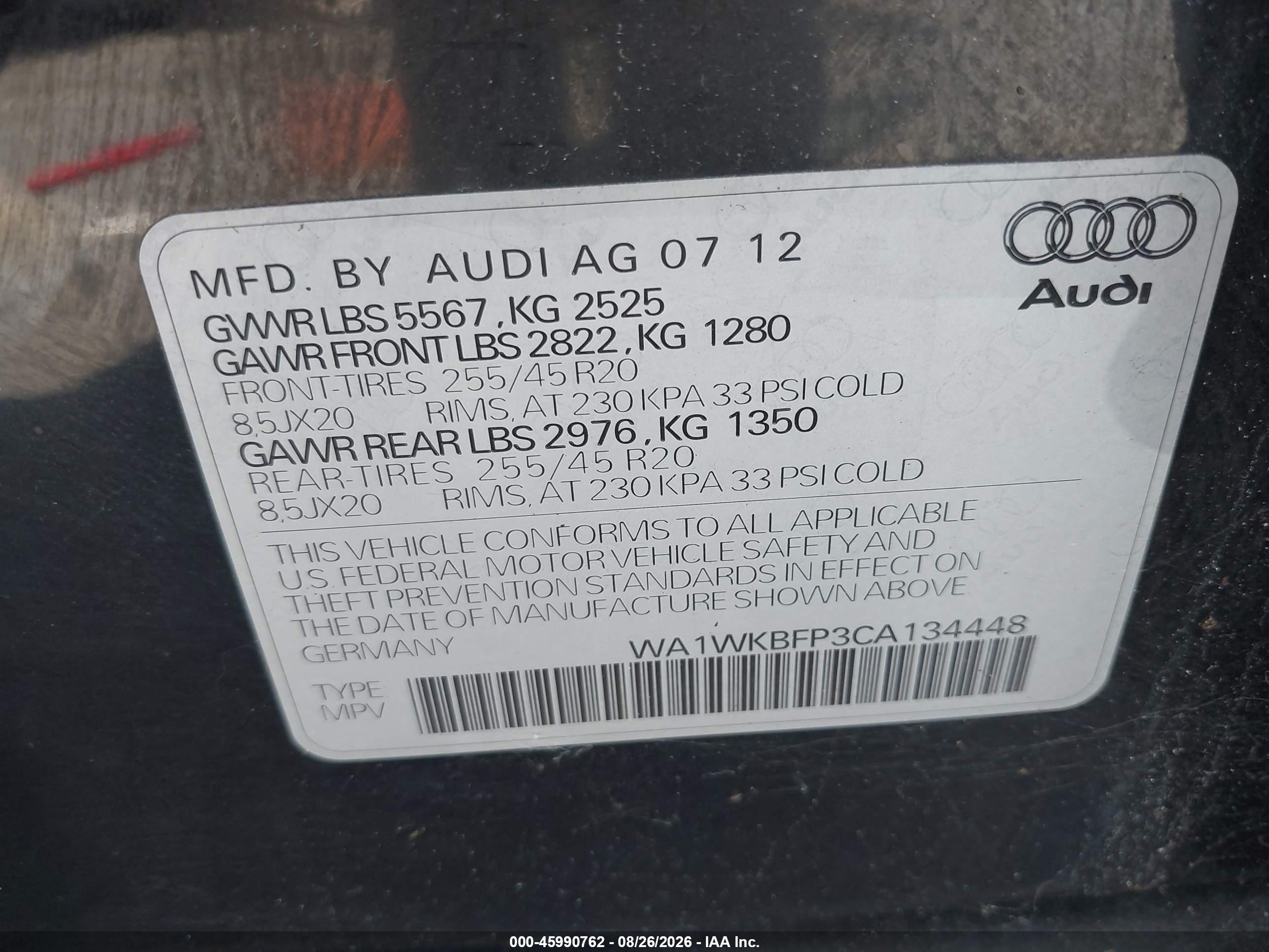 2012 Audi Q5 3.2 Premium Black vin: WA1WKBFP3CA134448