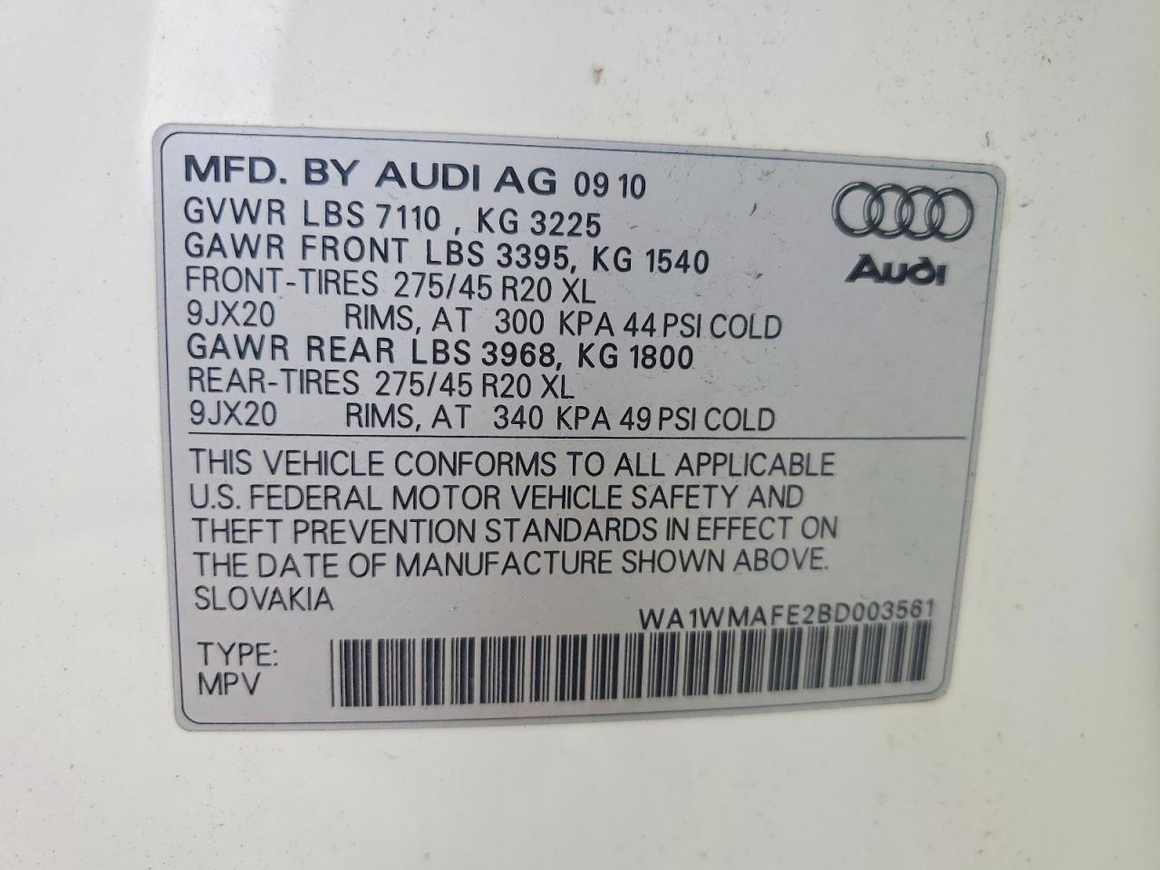 2011 Audi Q7 Prestige White vin: WA1WMAFE2BD003561