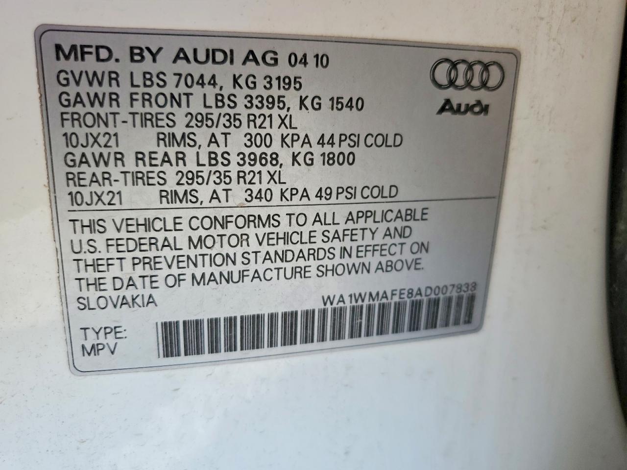 2010 Audi Q7 Prestige White vin: WA1WMAFE8AD007838