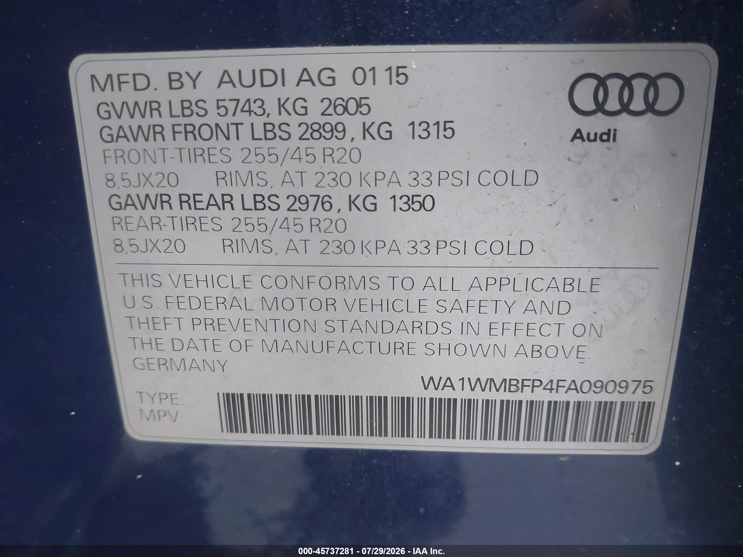 2015 Audi Q5 3.0 Tdi Premium Plus Blue vin: WA1WMBFP4FA090975