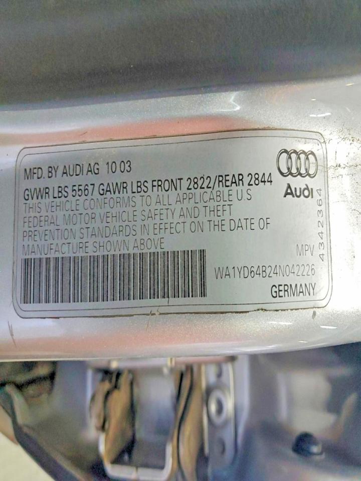 2004 Audi Allroad Silver vin: WA1YD64B24N042226