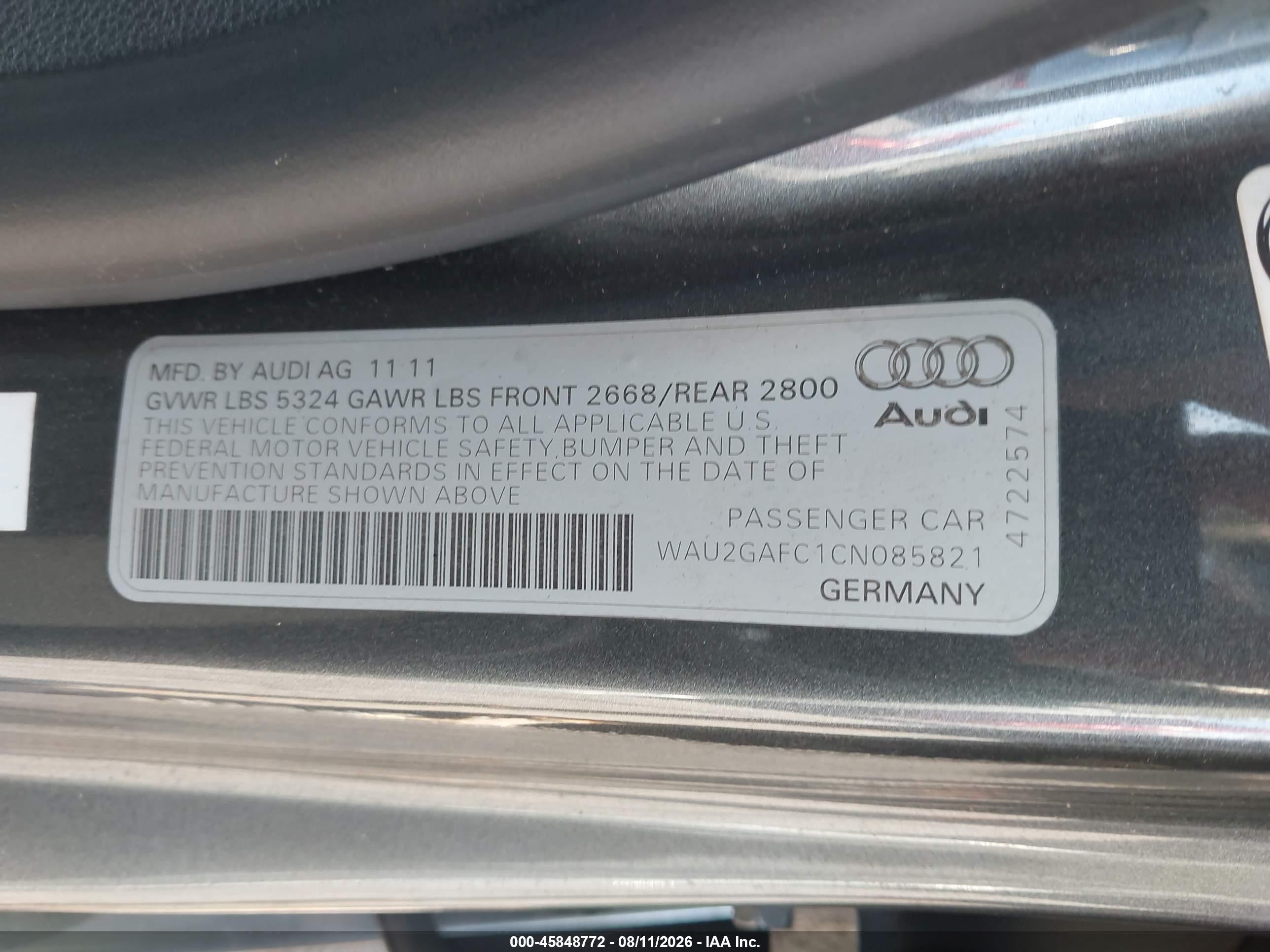 2012 Audi A7 3.0 Prestige Gray vin: WAU2GAFC1CN085821