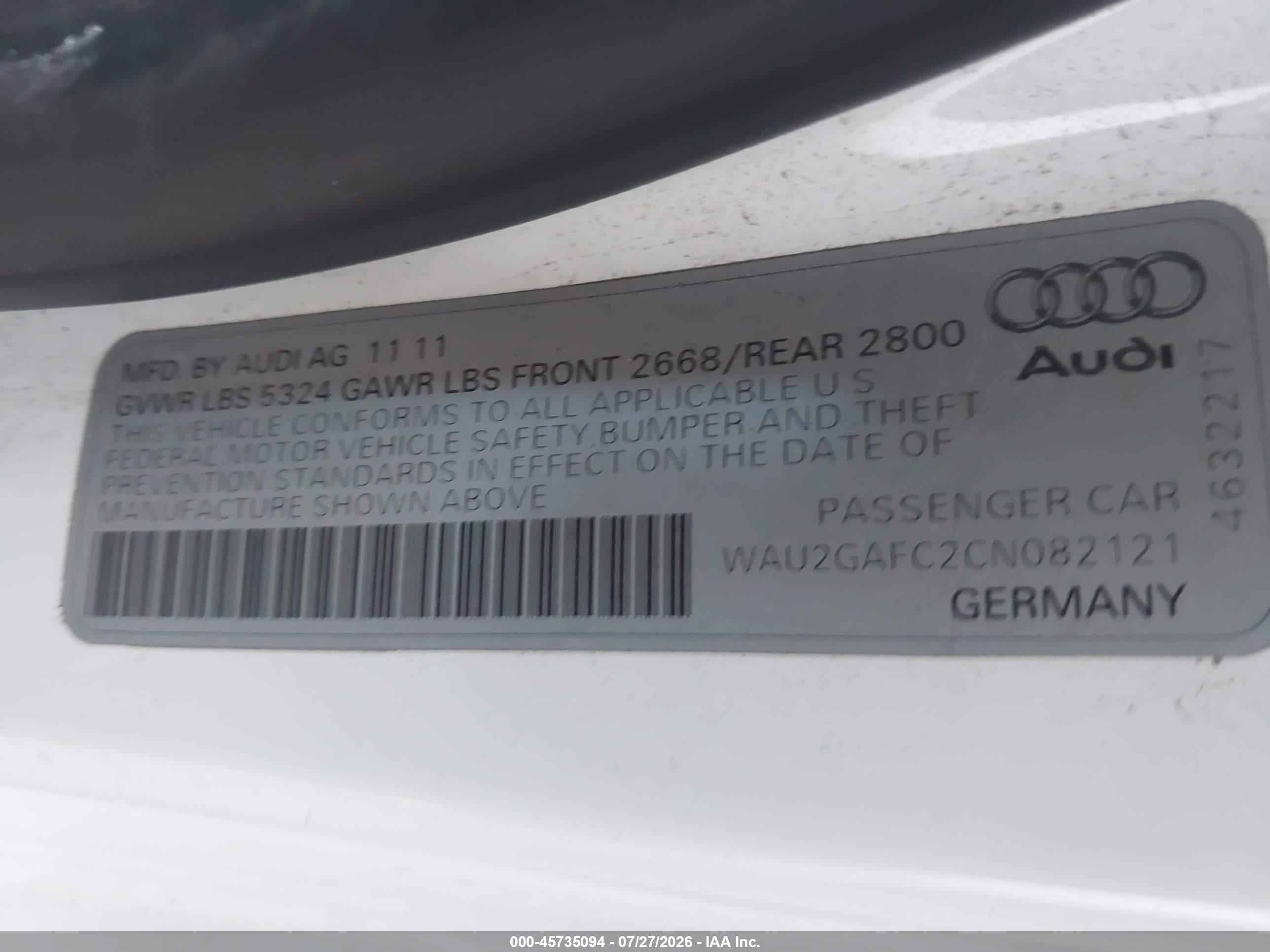2012 Audi A7 3.0 Prestige White vin: WAU2GAFC2CN082121
