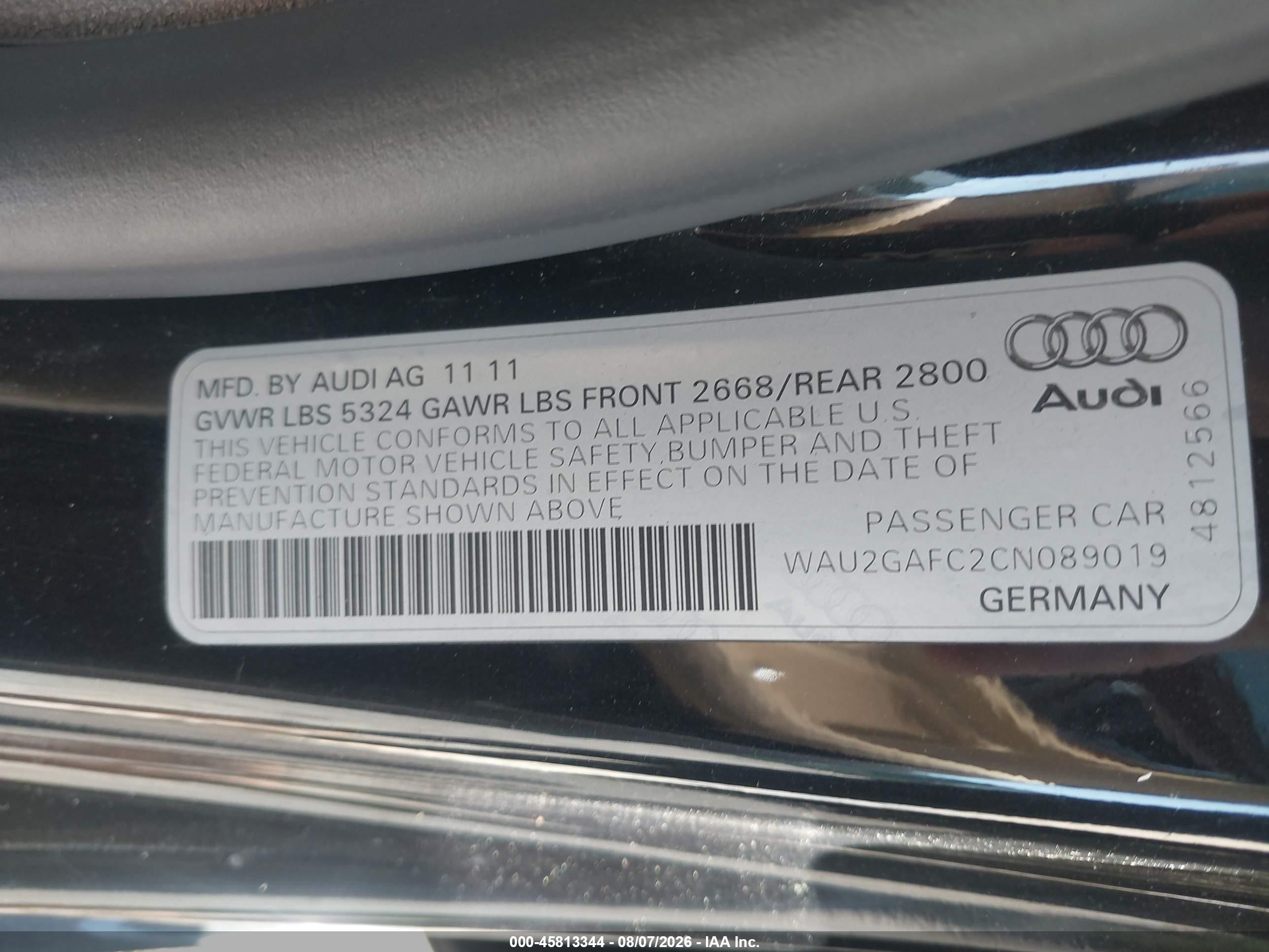 2012 Audi A7 3.0 Prestige Black vin: WAU2GAFC2CN089019