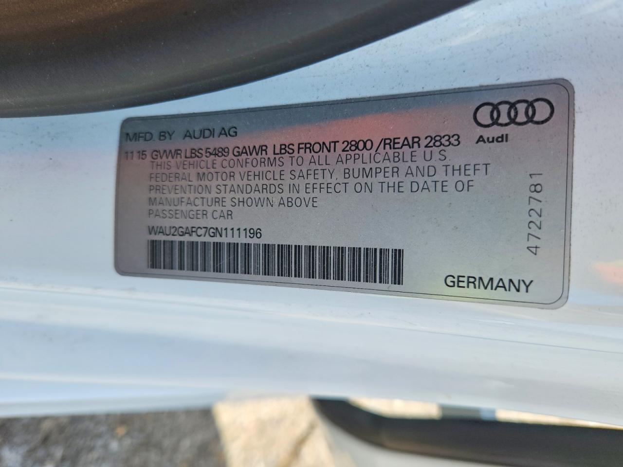 2016 Audi A7 Prestige White vin: WAU2GAFC7GN111196