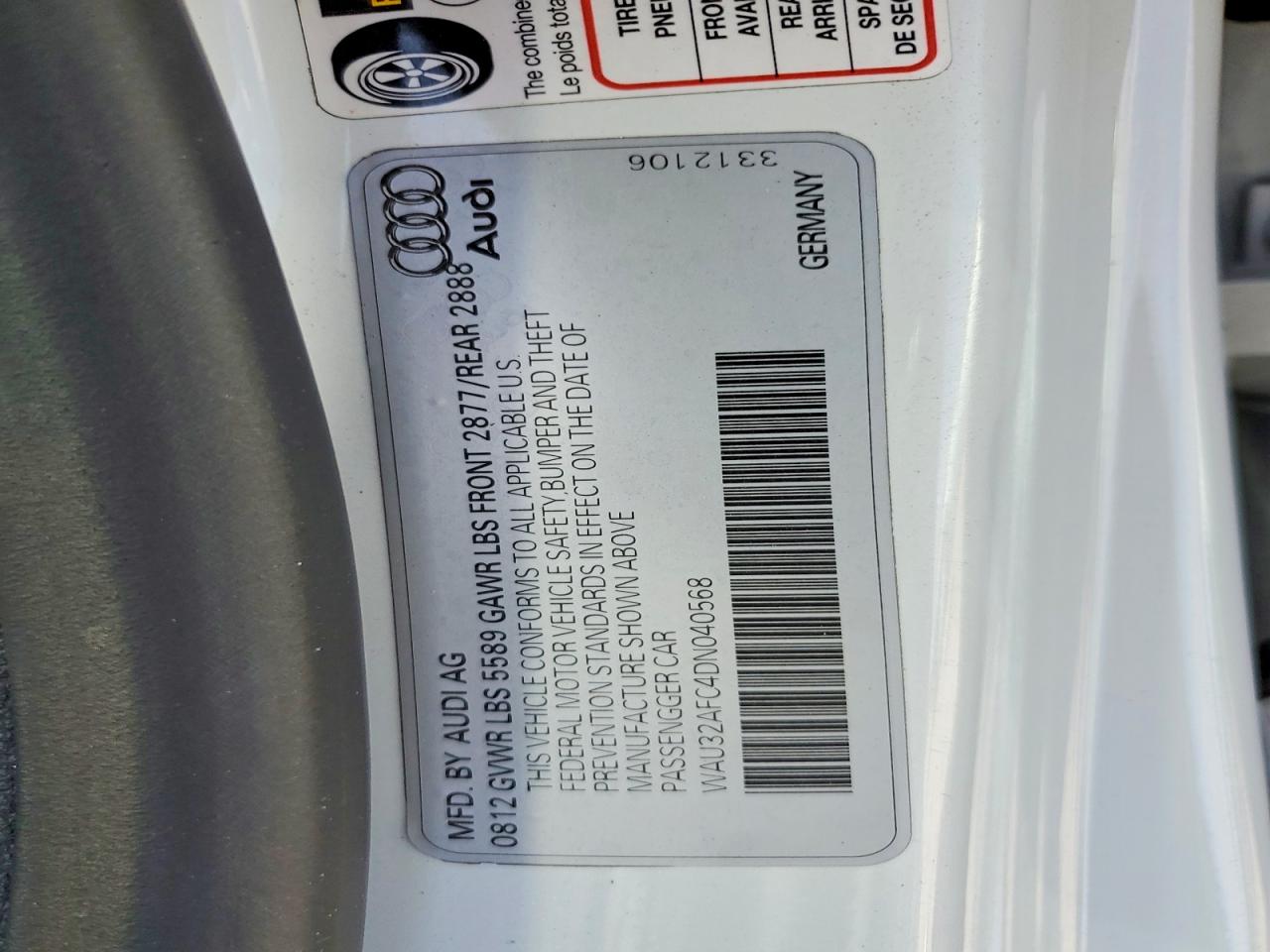 2013 Audi S7 Prestige White vin: WAU32AFC4DN040568