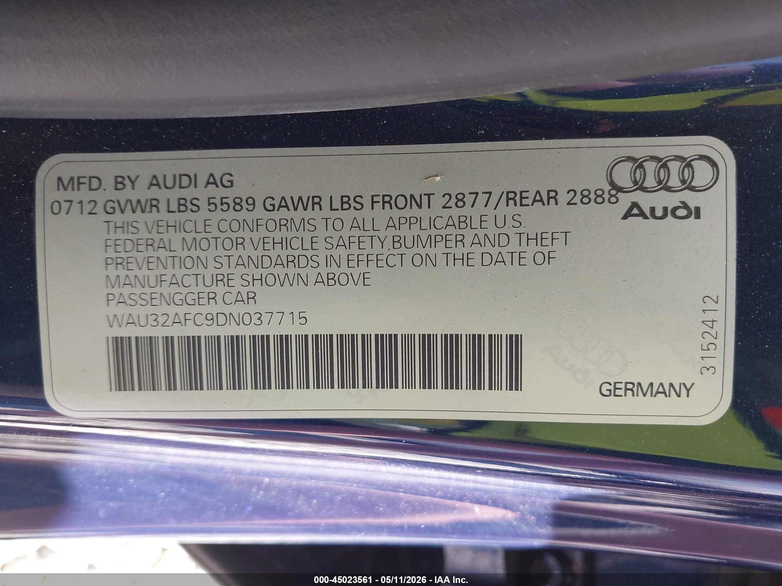 2013 Audi S7 4.0t Prestige Blue vin: WAU32AFC9DN037715
