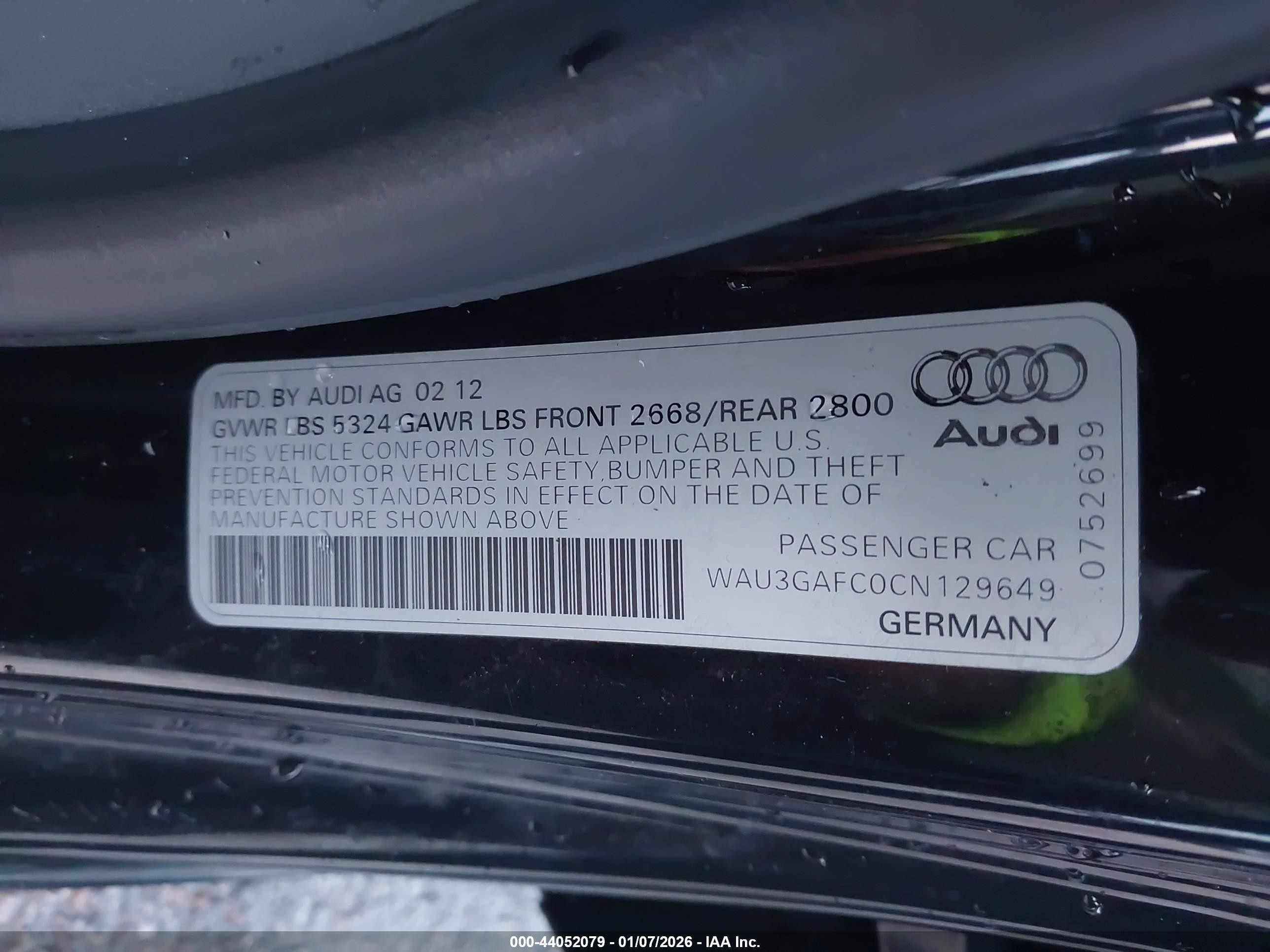2012 Audi A7 Premium Black vin: WAU3GAFC0CN129649