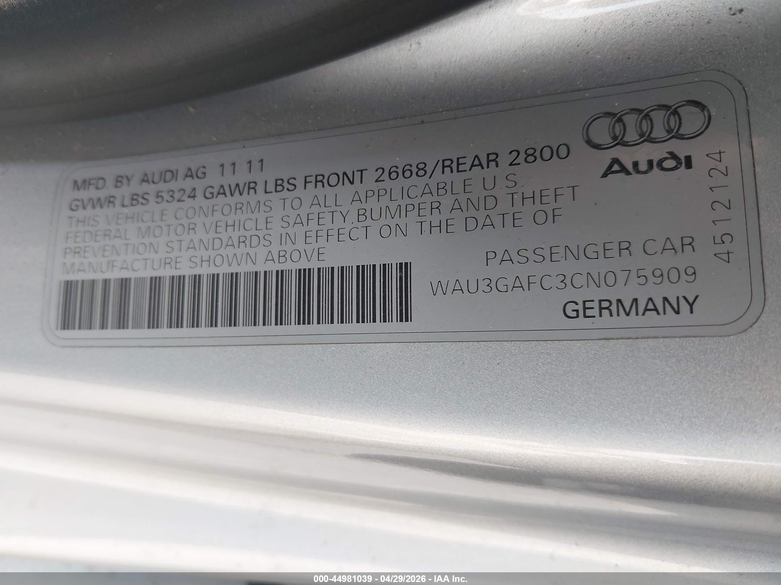 2012 Audi A7 Premium Gray vin: WAU3GAFC3CN075909