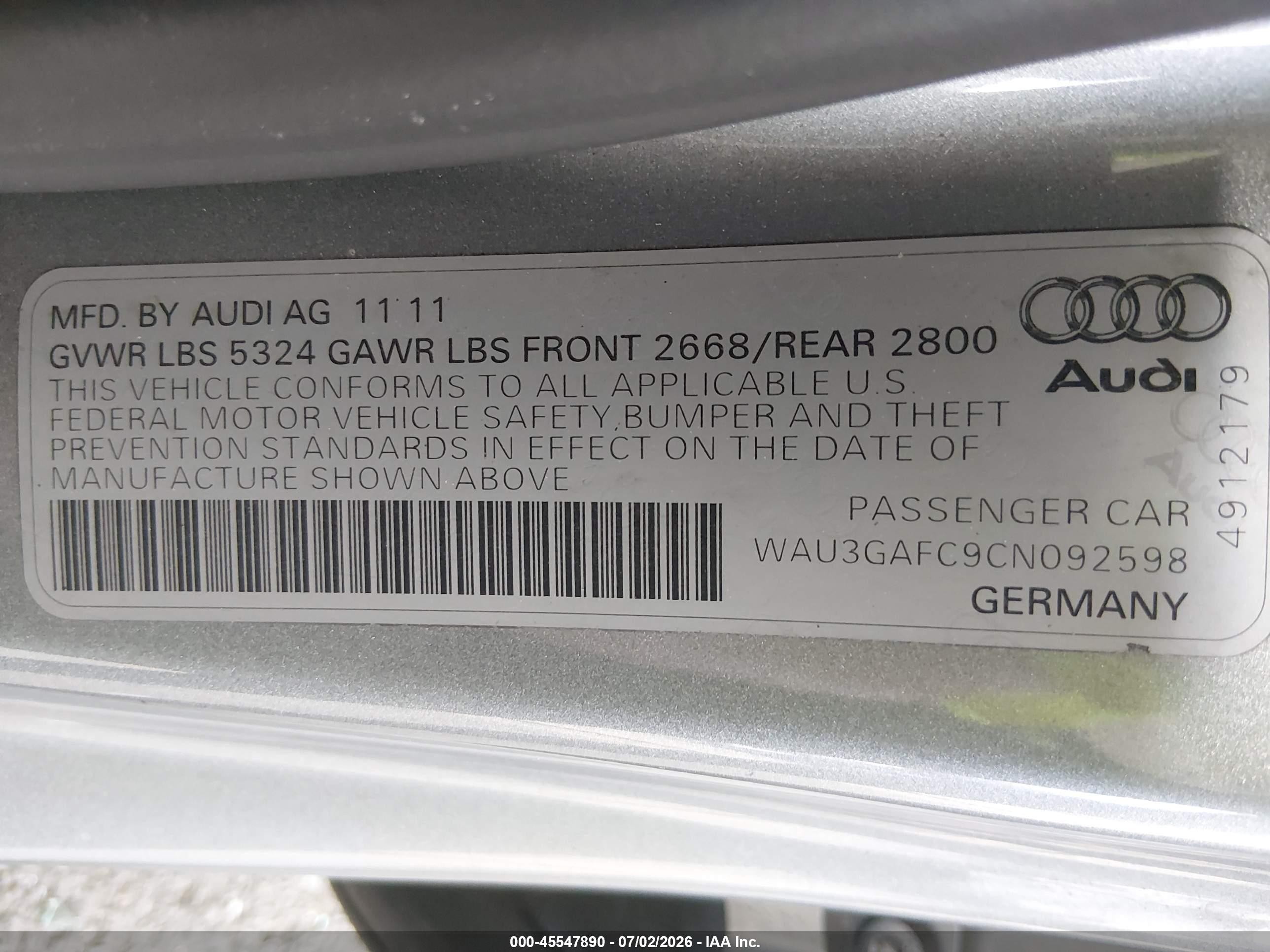 2012 Audi A7 3.0 Prestige vin: WAU3GAFC9CN092598