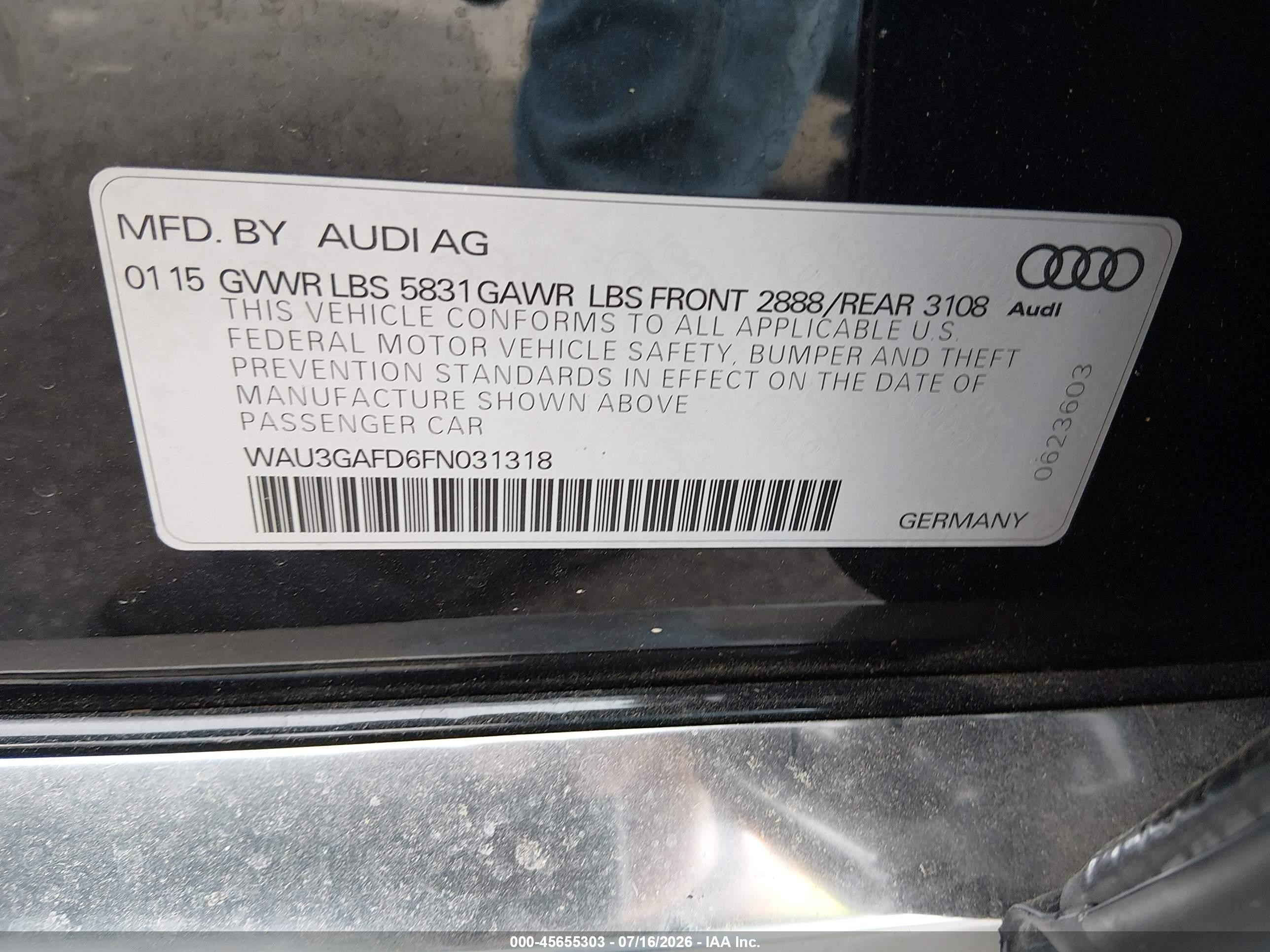 2015 Audi A8 L 3.0t Черный vin: WAU3GAFD6FN031318