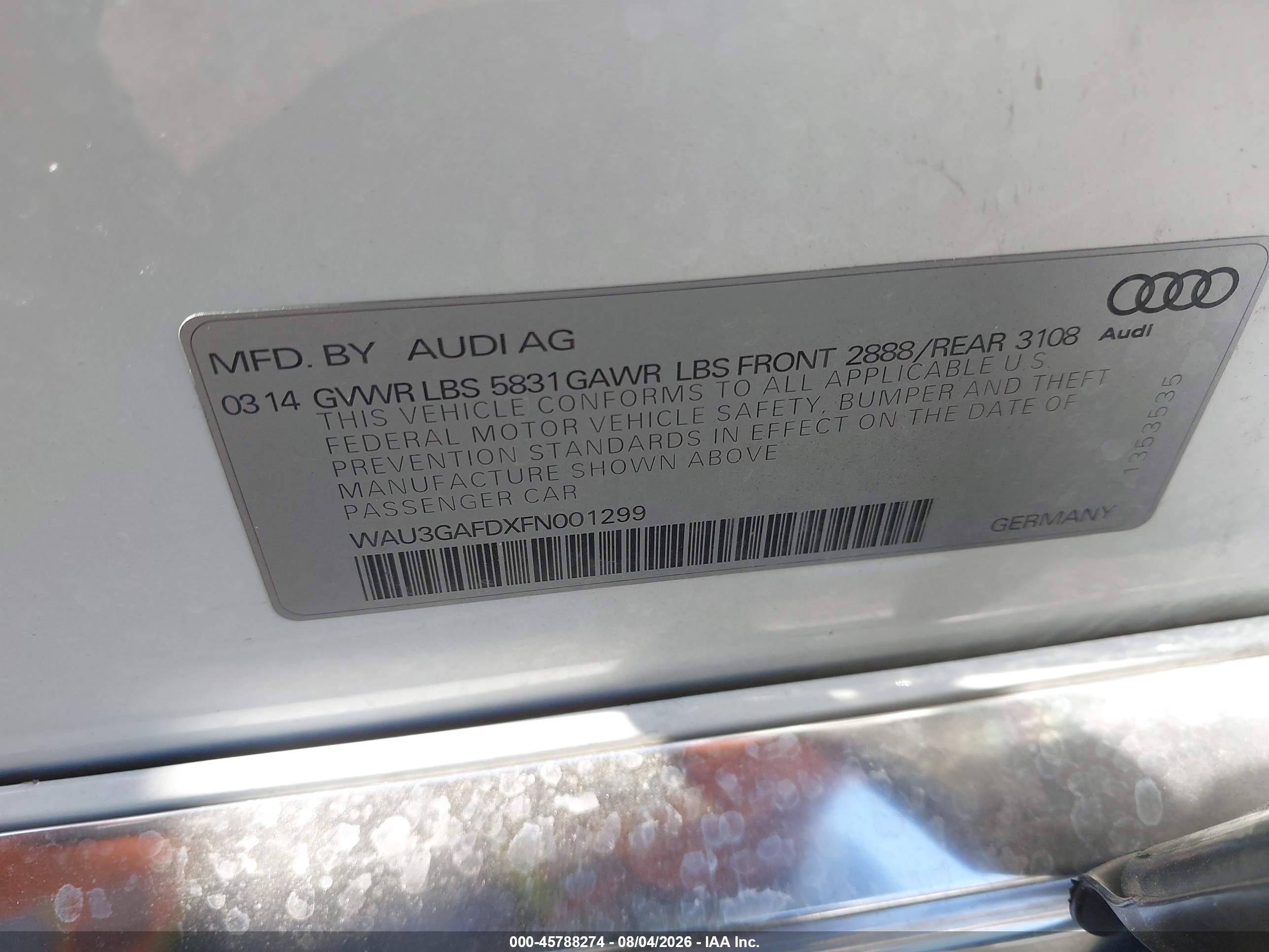 2015 Audi A8 L 3.0t White vin: WAU3GAFDXFN001299