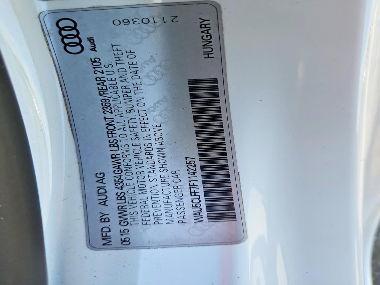 2015 Audi A3 Premium Plus White vin: WAU5CLFF7F1142257