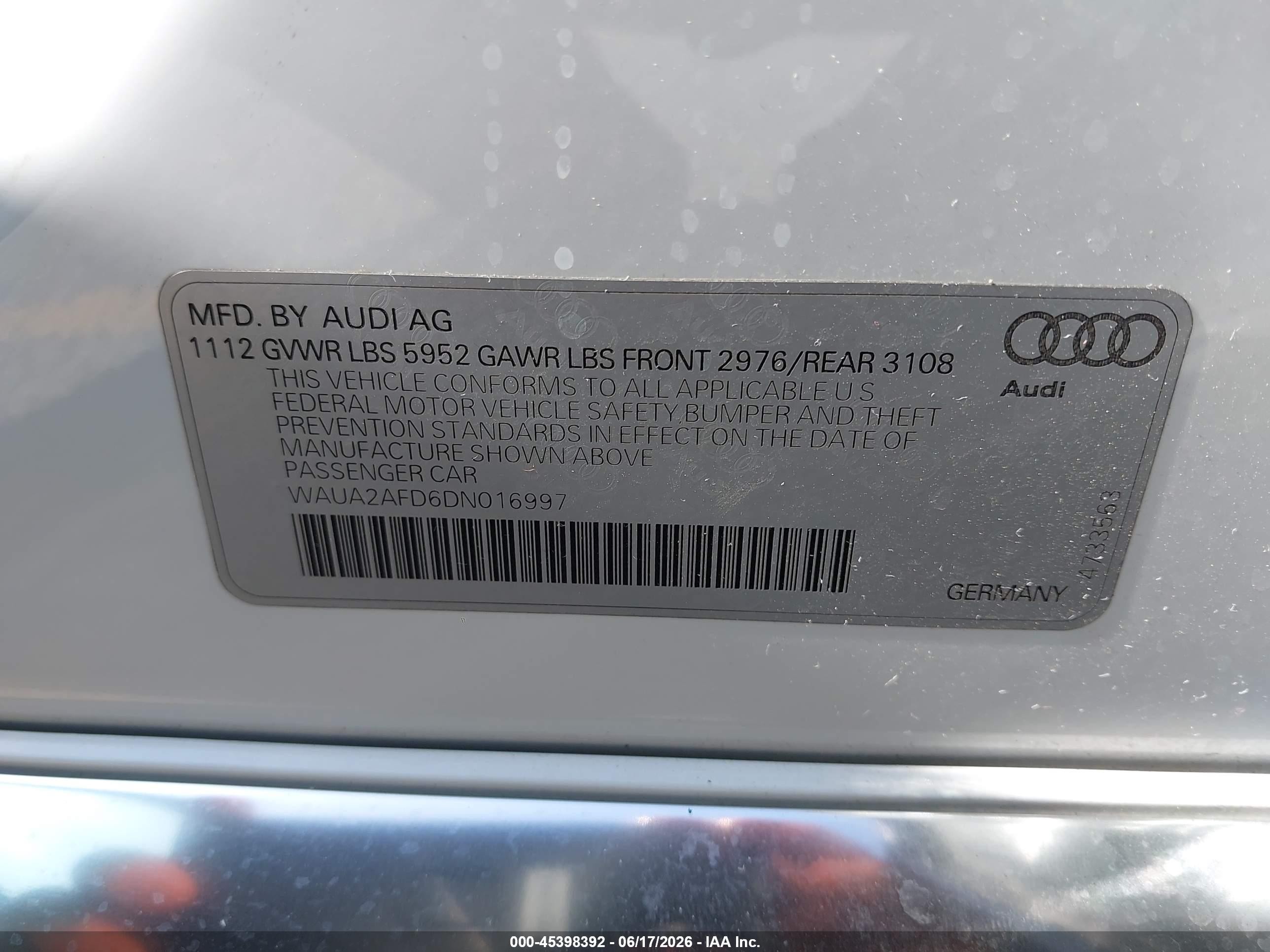 2013 Audi A8 4.0t White vin: WAUA2AFD6DN016997