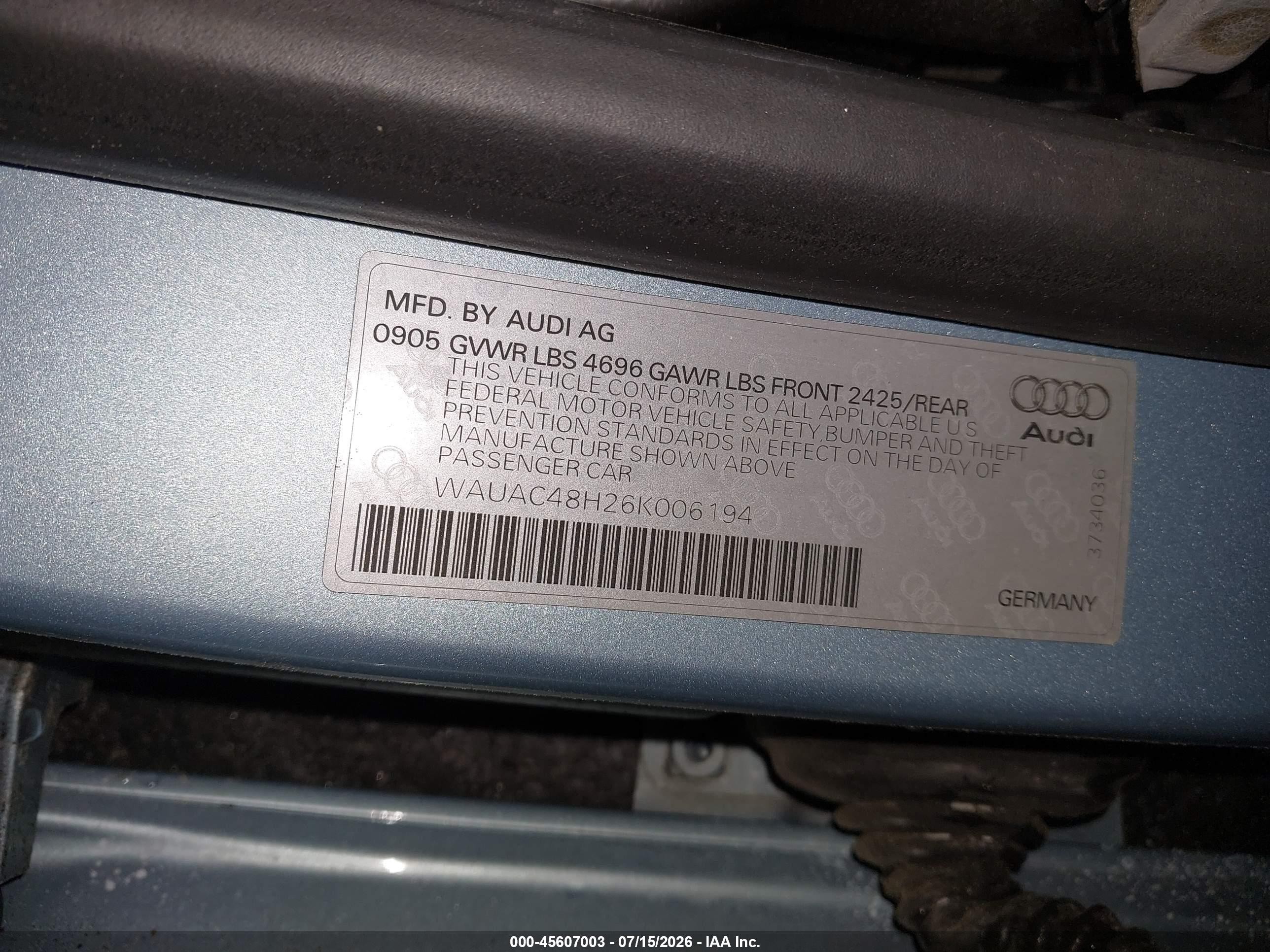 2006 Audi A4 1.8t Blue vin: WAUAC48H26K006194