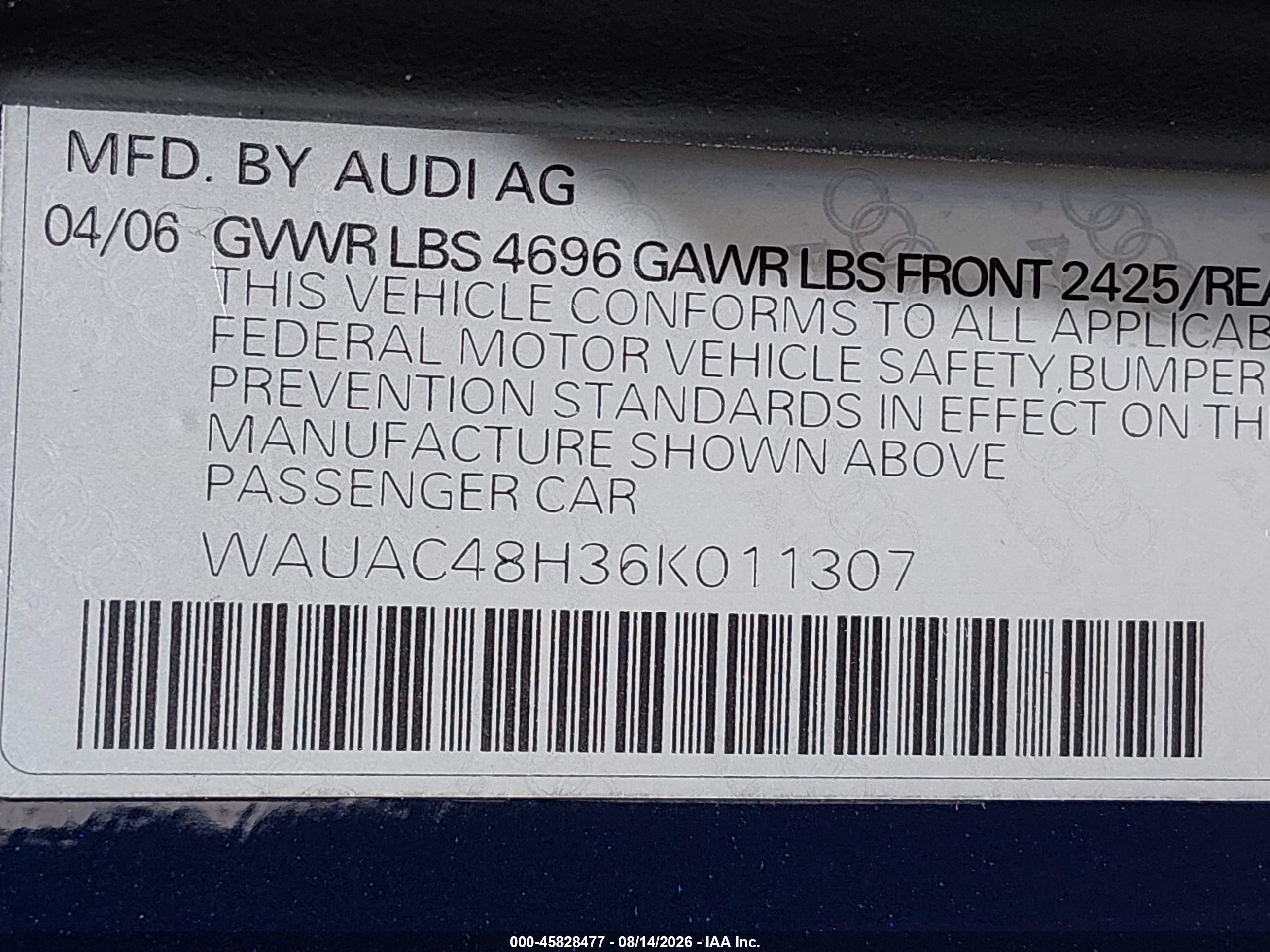 2006 Audi A4 1.8t Blue vin: WAUAC48H36K011307