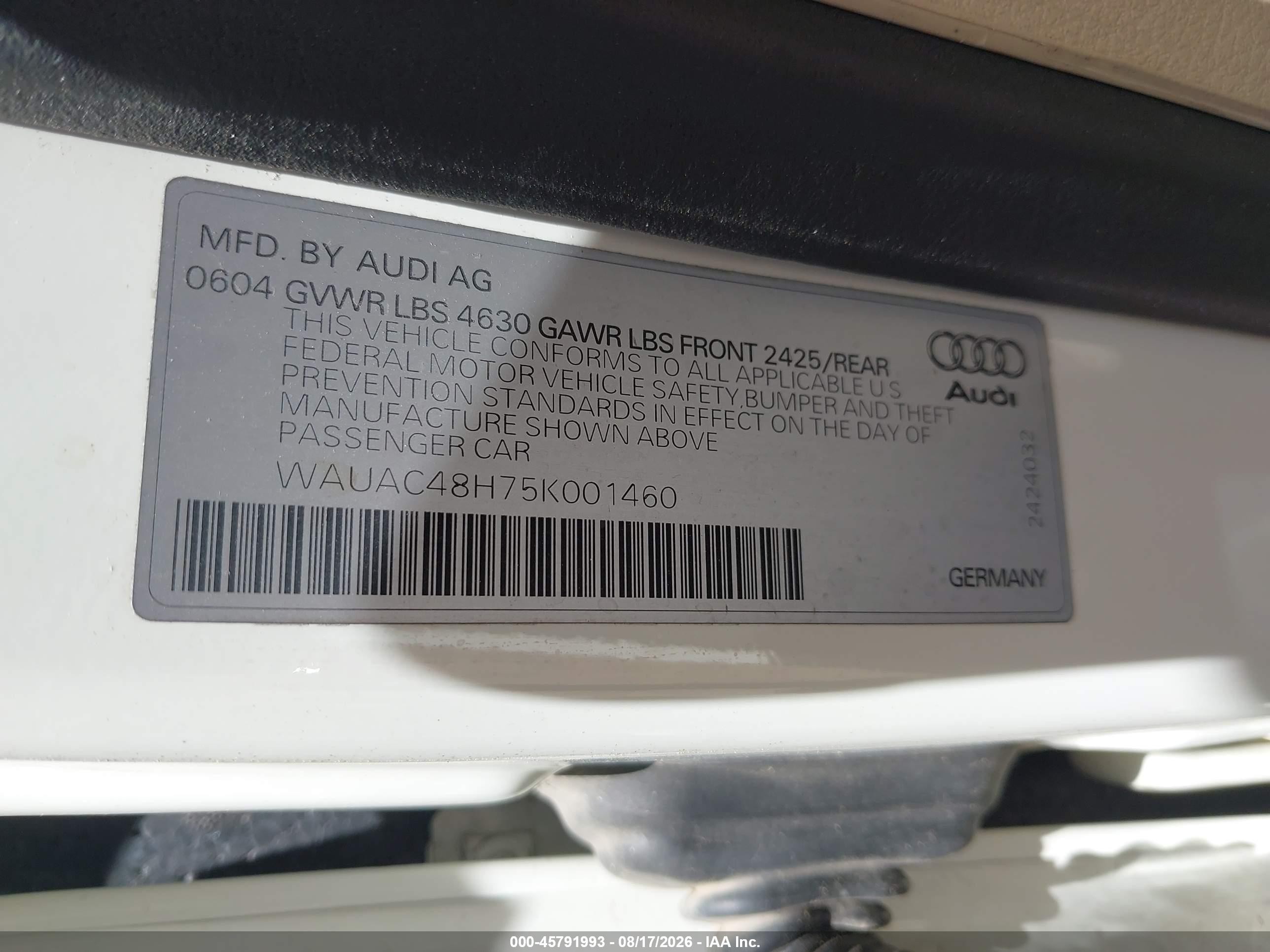 2005 Audi A4 1.8t White vin: WAUAC48H75K001460