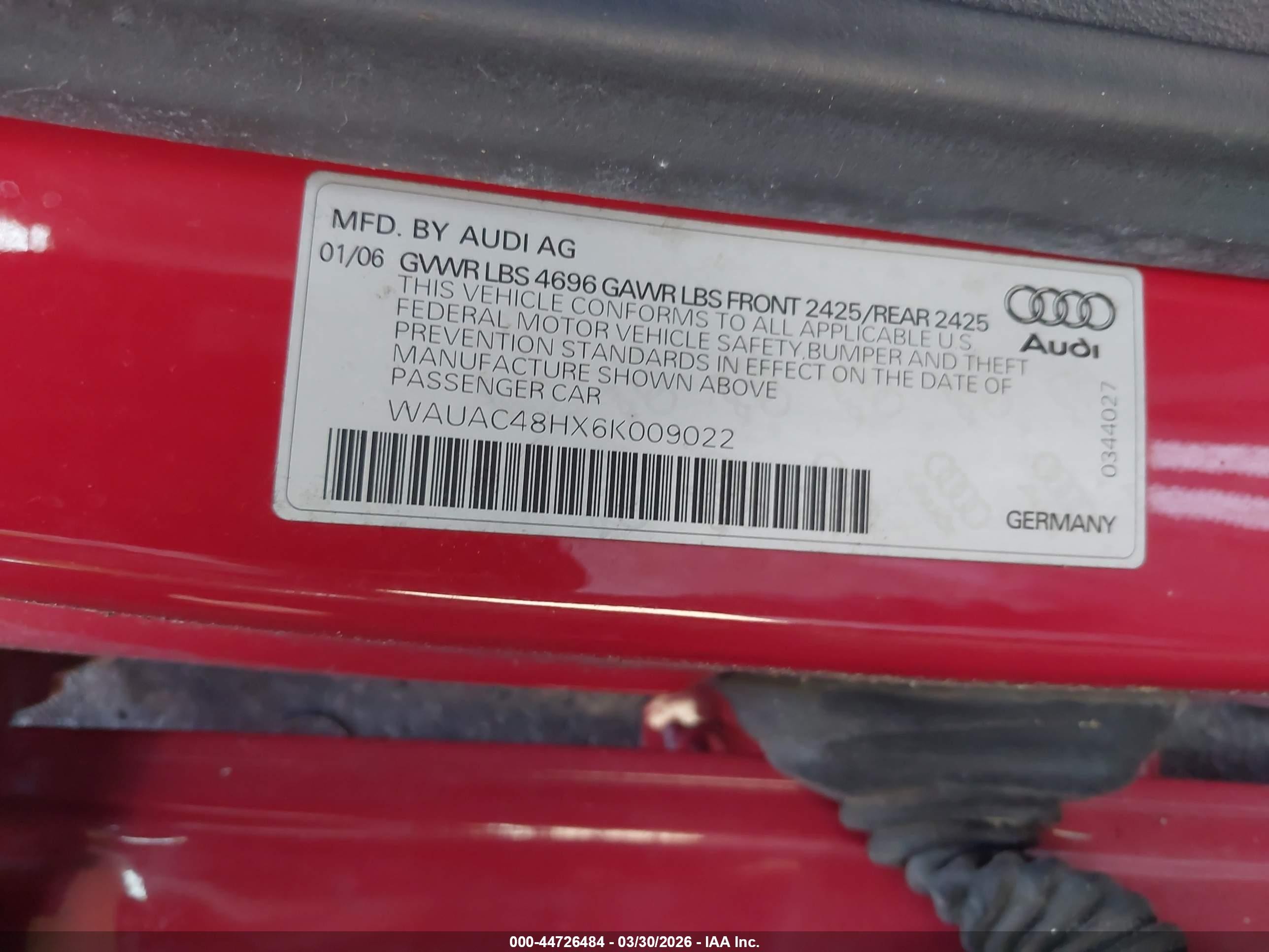 2006 Audi A4 1.8t Red vin: WAUAC48HX6K009022