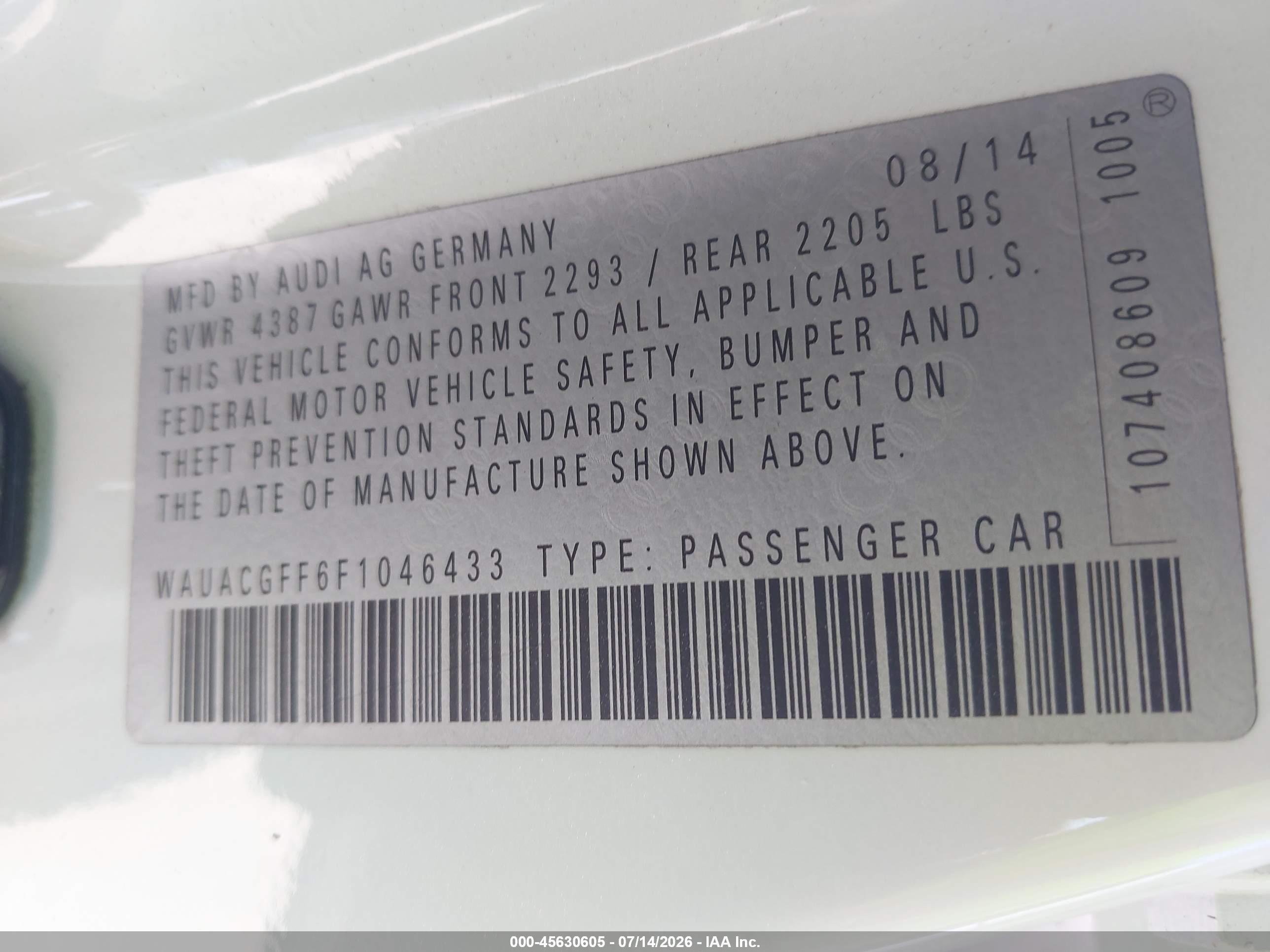 2015 Audi A3 1.8t Premium White vin: WAUACGFF6F1046433