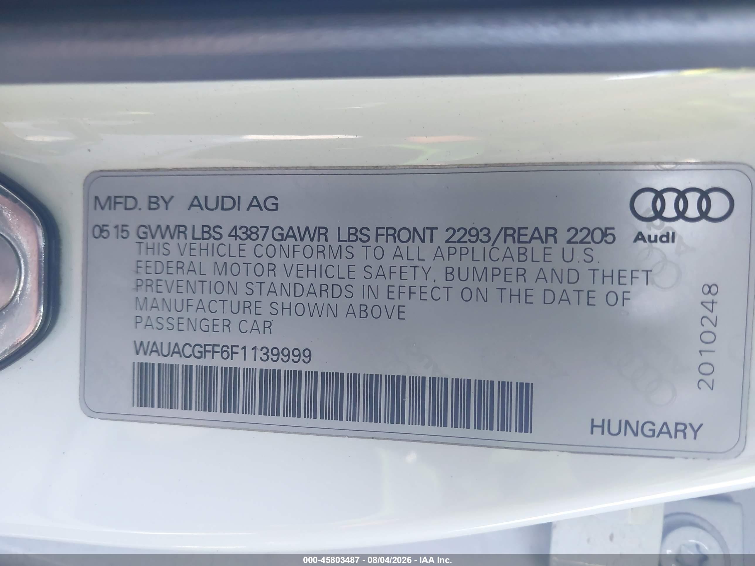 2015 Audi A3 1.8t Premium White vin: WAUACGFF6F1139999