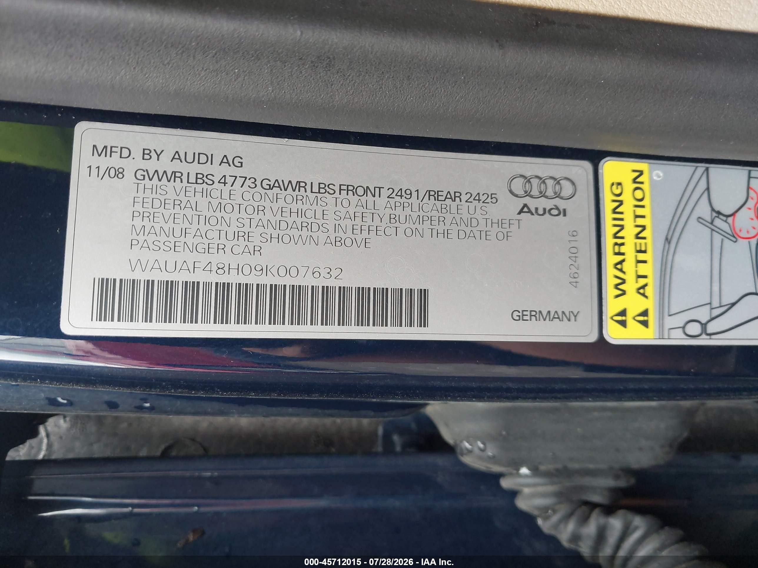 2009 Audi A4 2.0t Special Edition Blue vin: WAUAF48H09K007632