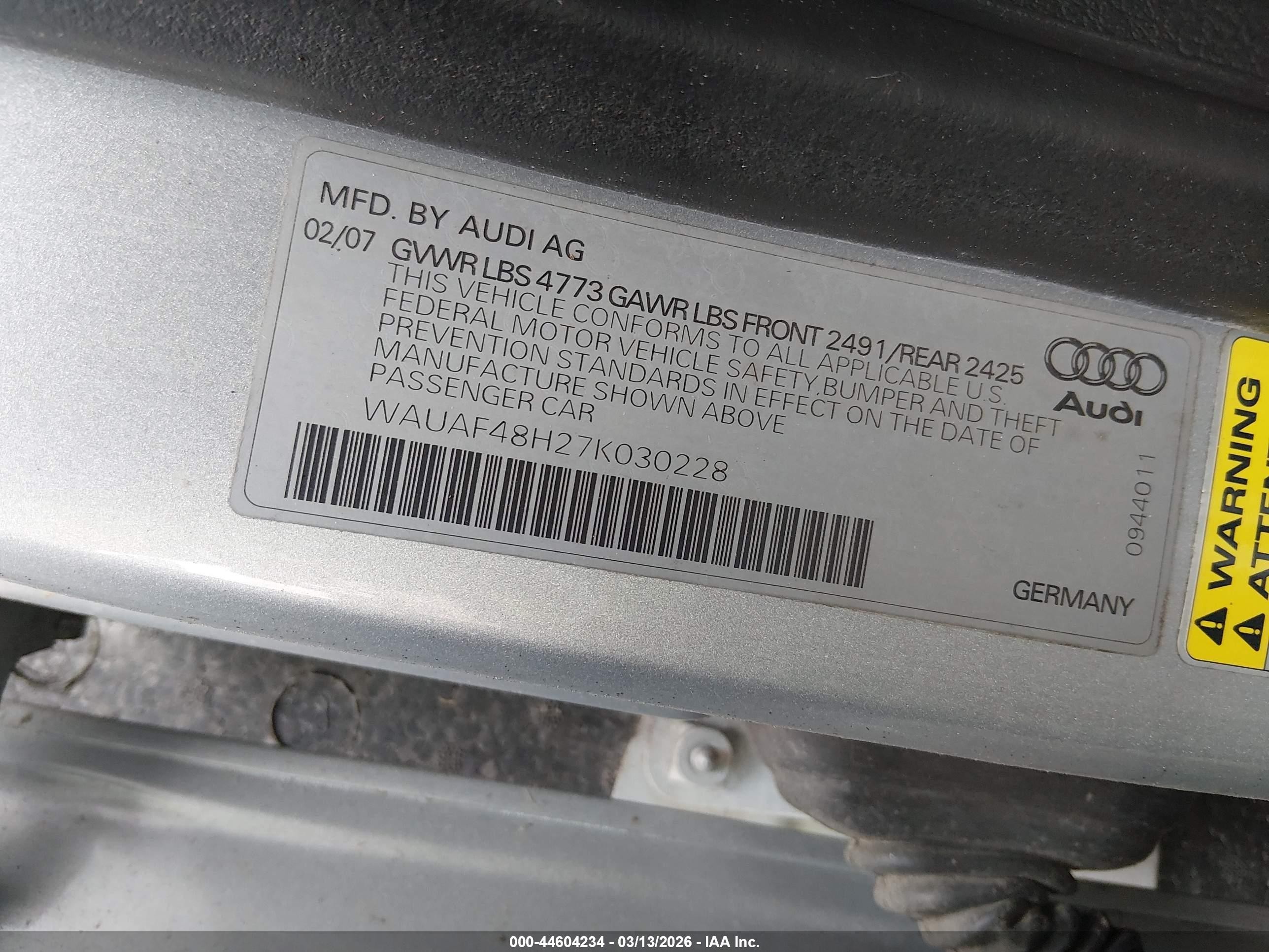 2007 Audi A4 2.0t Silver vin: WAUAF48H27K030228