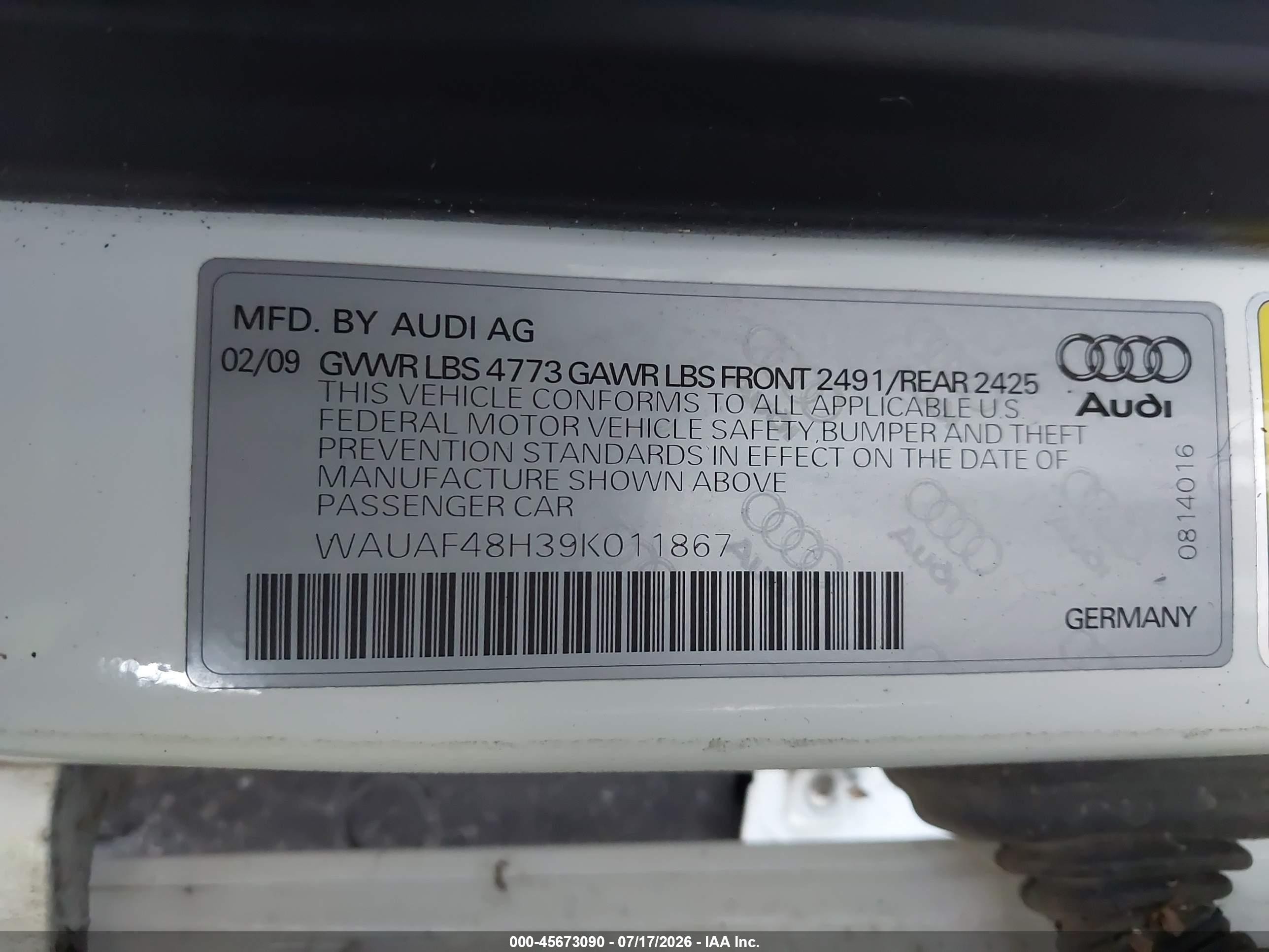 2009 Audi A4 2.0t Special Edition White vin: WAUAF48H39K011867
