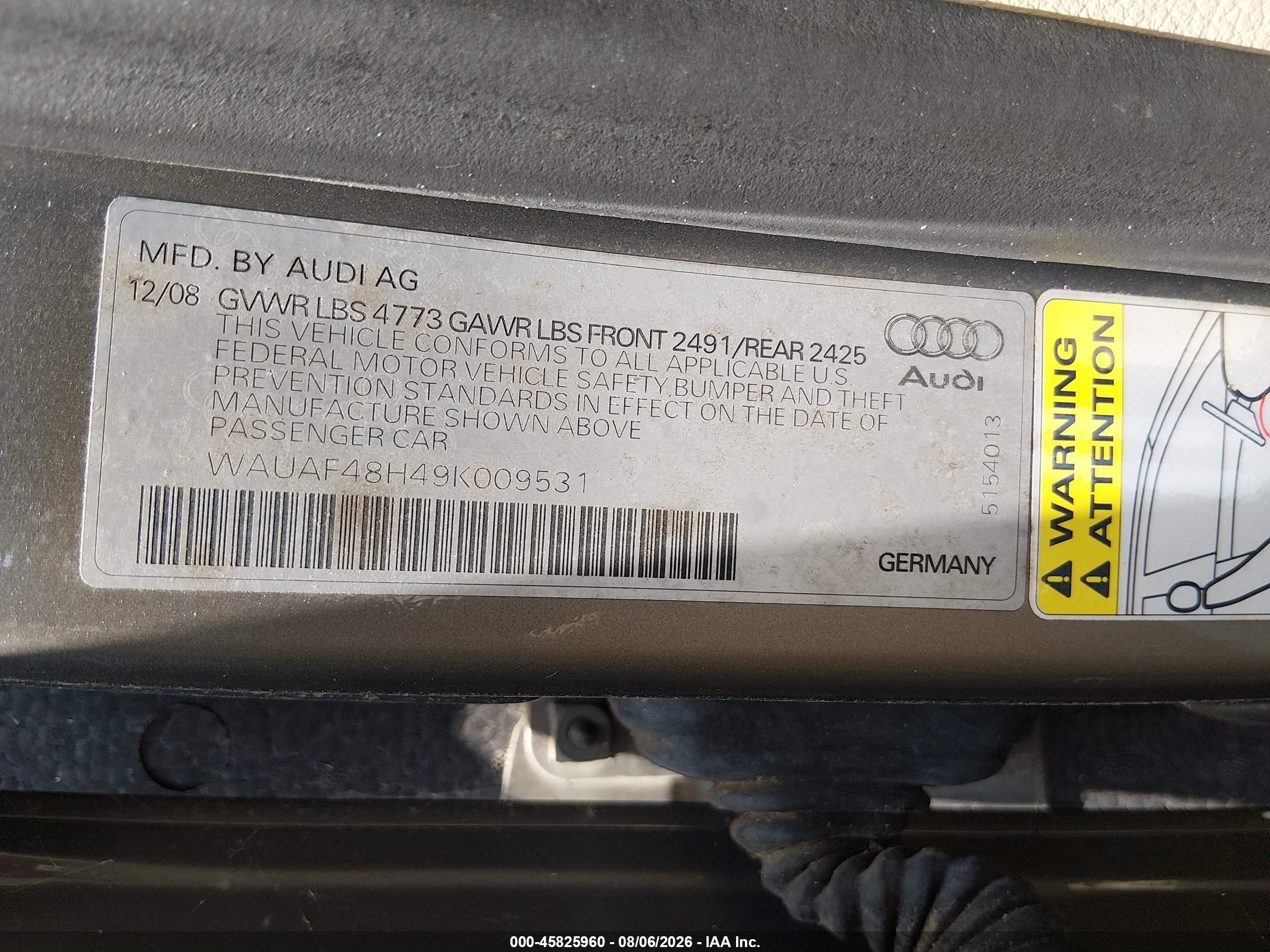 2009 Audi A4 2.0t Special Edition Gray vin: WAUAF48H49K009531