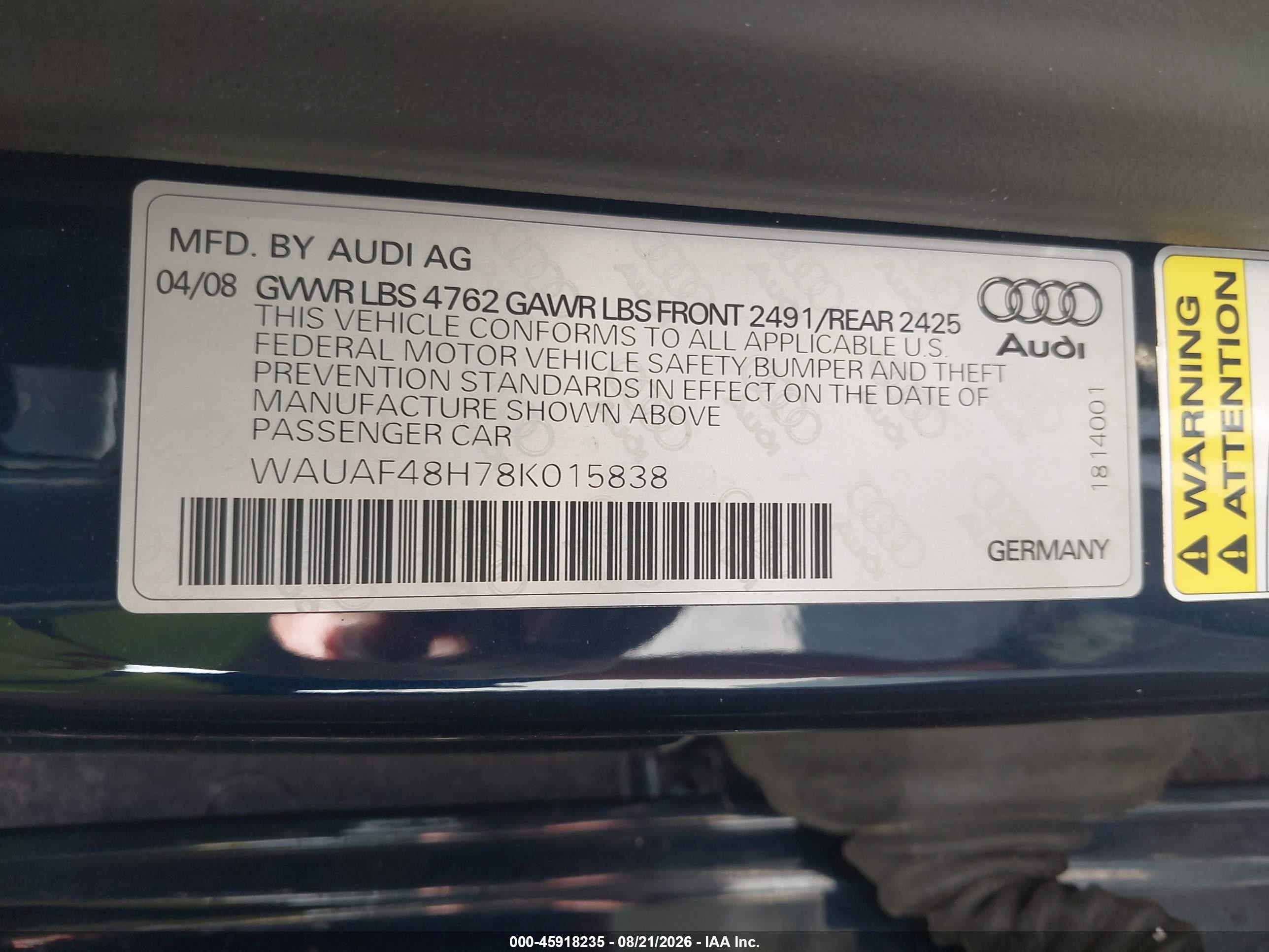 2008 Audi A4 2.0t Blue vin: WAUAF48H78K015838