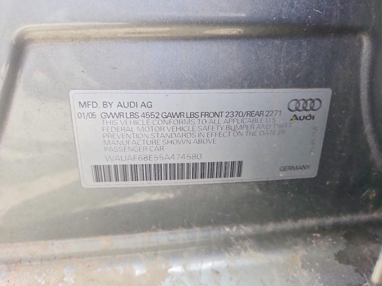 2005 Audi A4 2.0t Серый vin: WAUAF68E55A474580