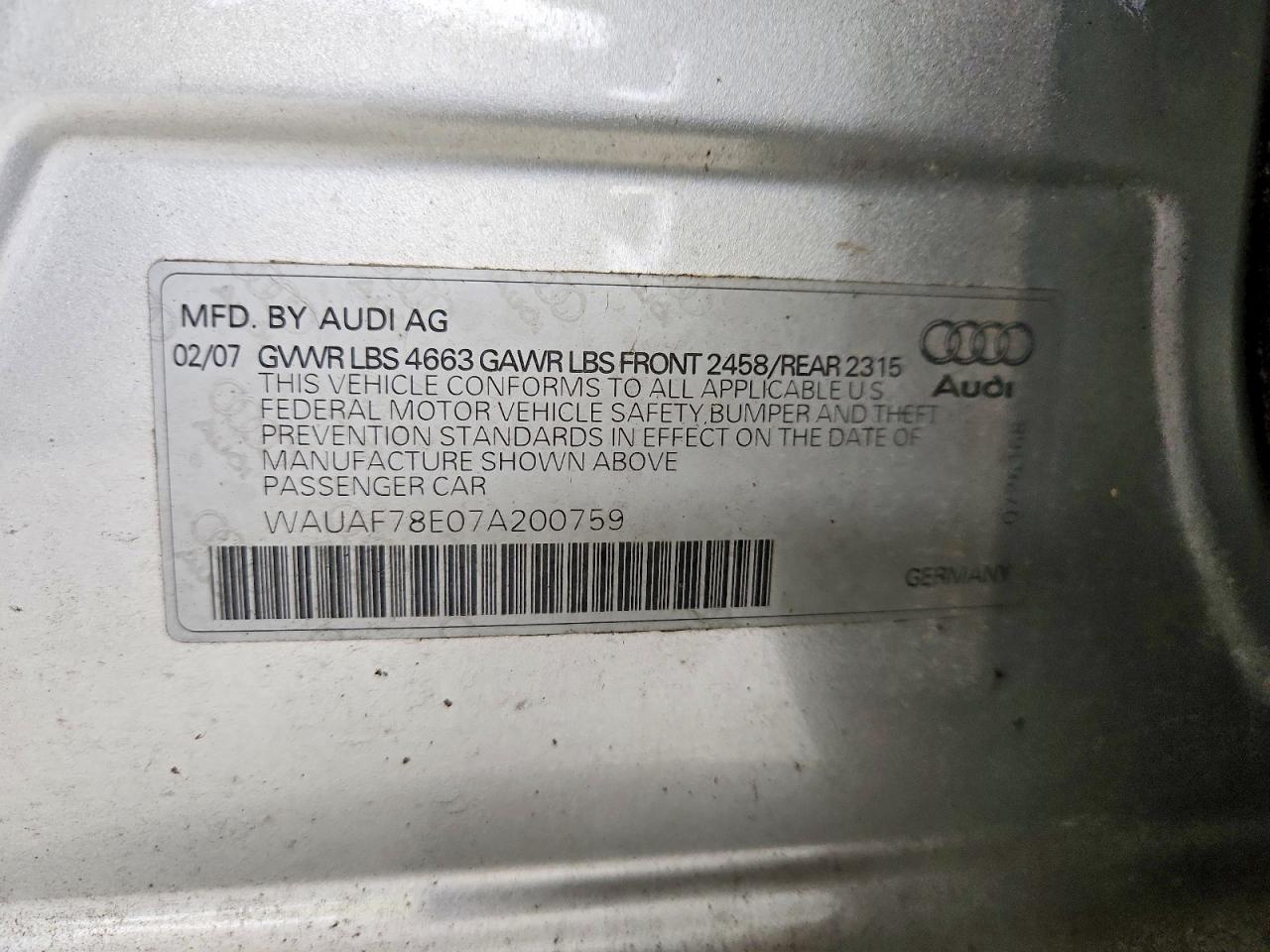 2007 Audi A4 2 Silver vin: WAUAF78E07A200759
