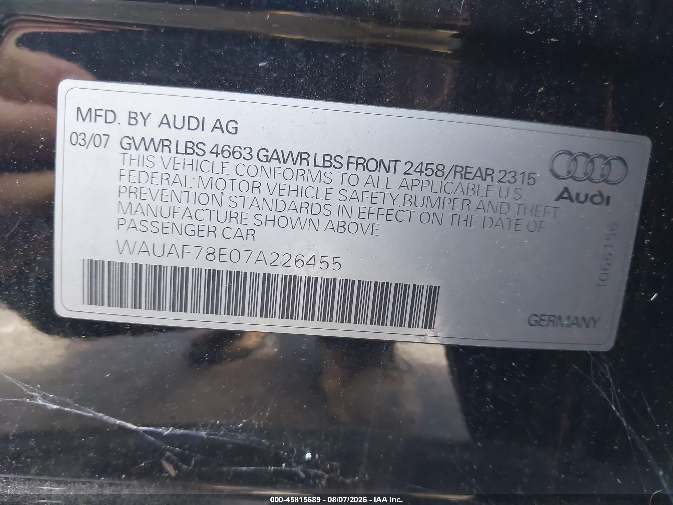2007 Audi A4 2.0t Black vin: WAUAF78E07A226455