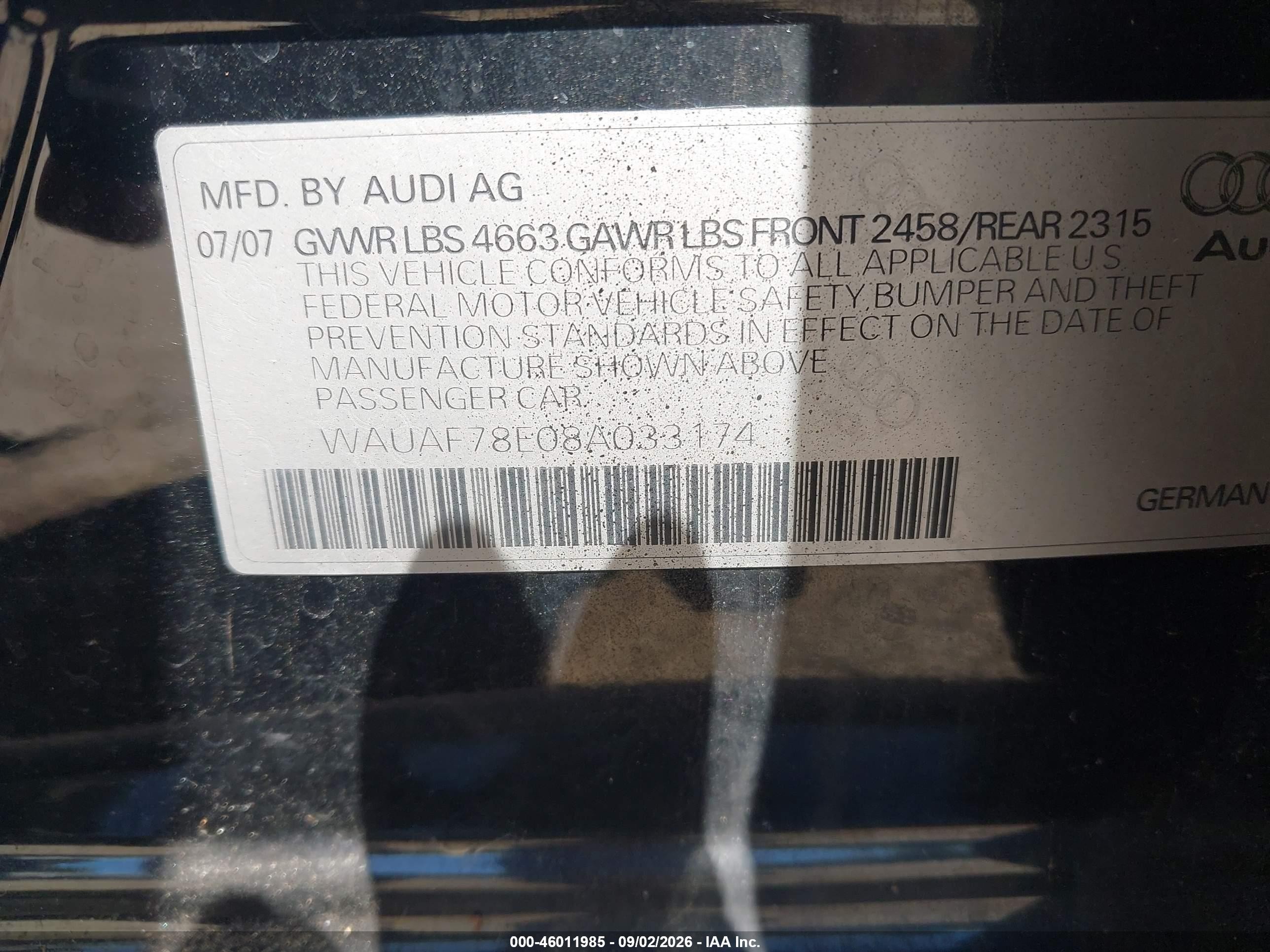 2008 Audi A4 2.0t Black vin: WAUAF78E08A033174