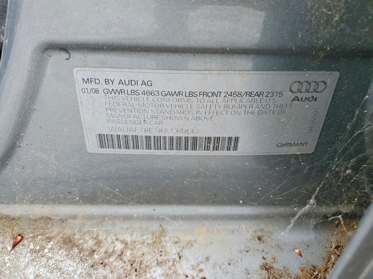 2008 Audi A4 2.0t Gray vin: WAUAF78E18A134837