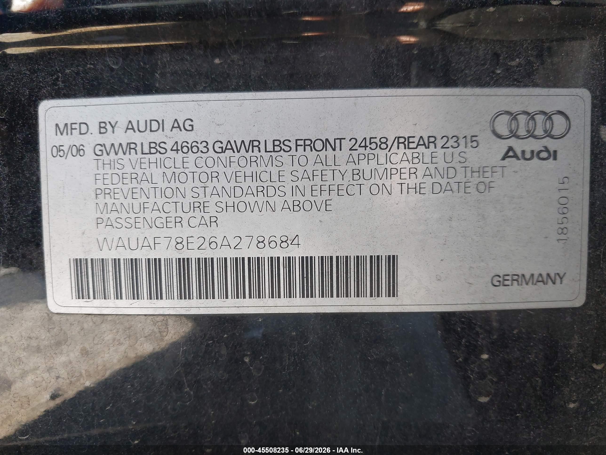 2006 Audi A4 2.0t Black vin: WAUAF78E26A278684