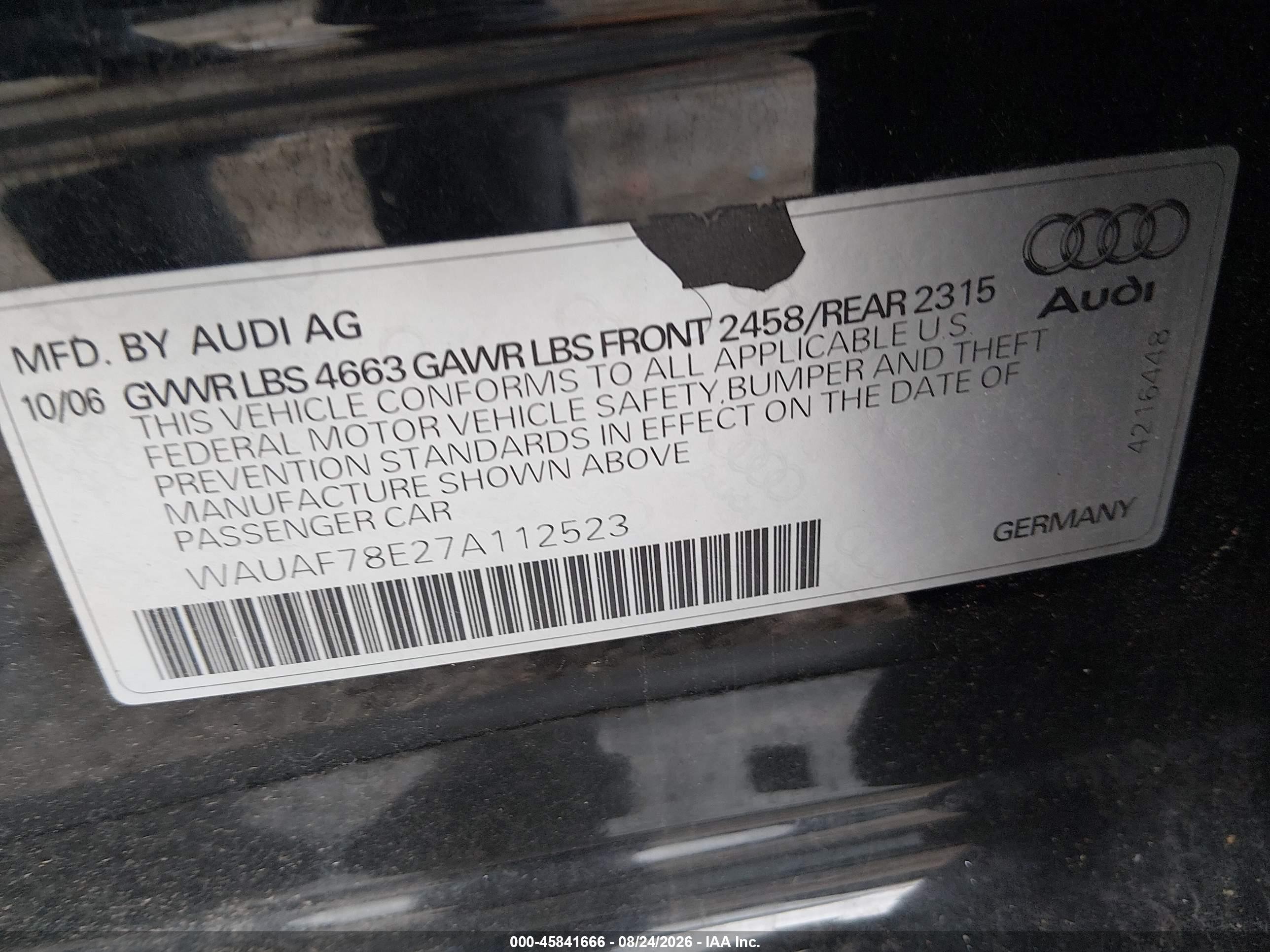 2007 Audi A4 2.0t Black vin: WAUAF78E27A112523